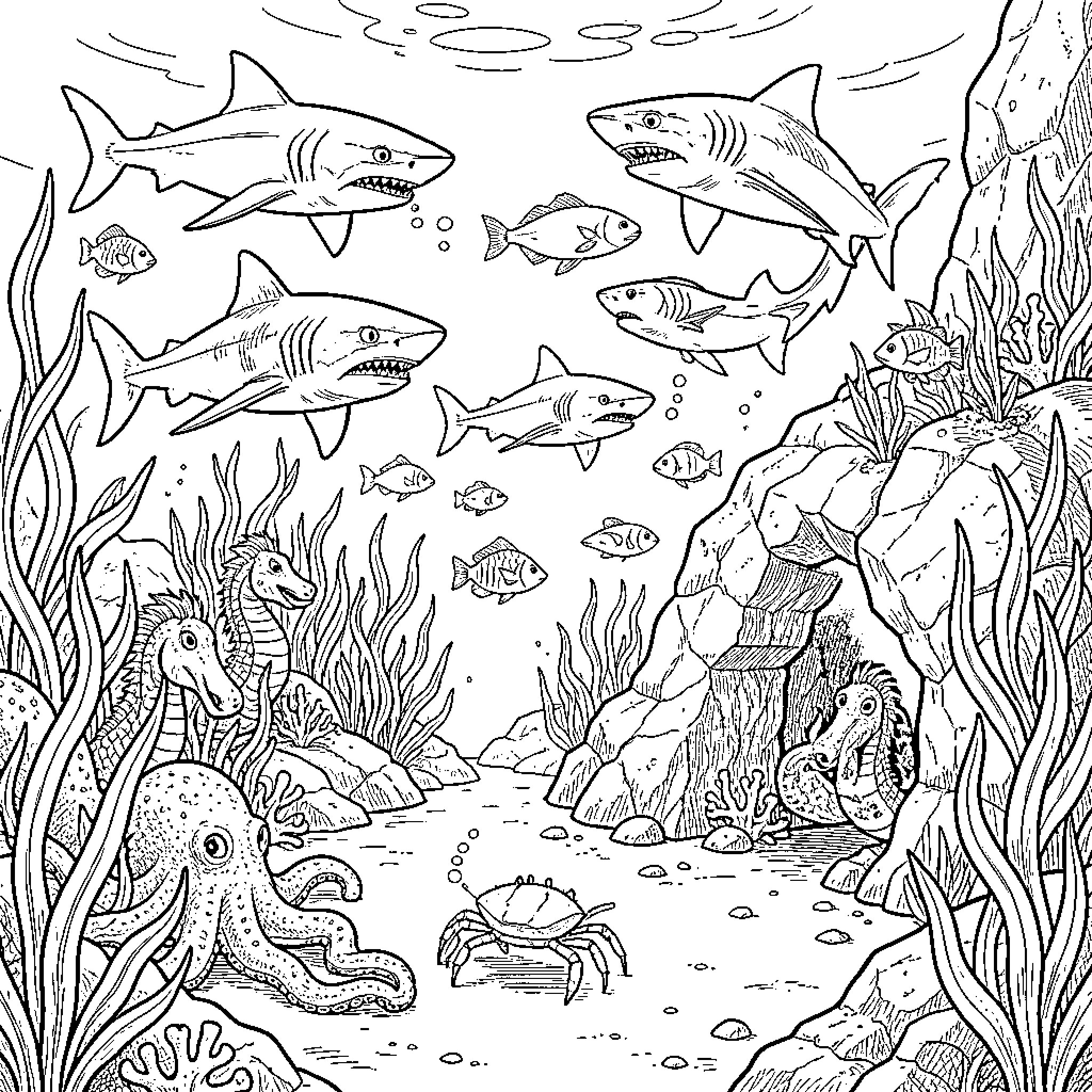 Sea Life swimming amidst corals and rocks Coloring Page (free black-and-white line drawing printable PDF for all, from beginners to advanced learners, including children, teens, adults, and seniors)