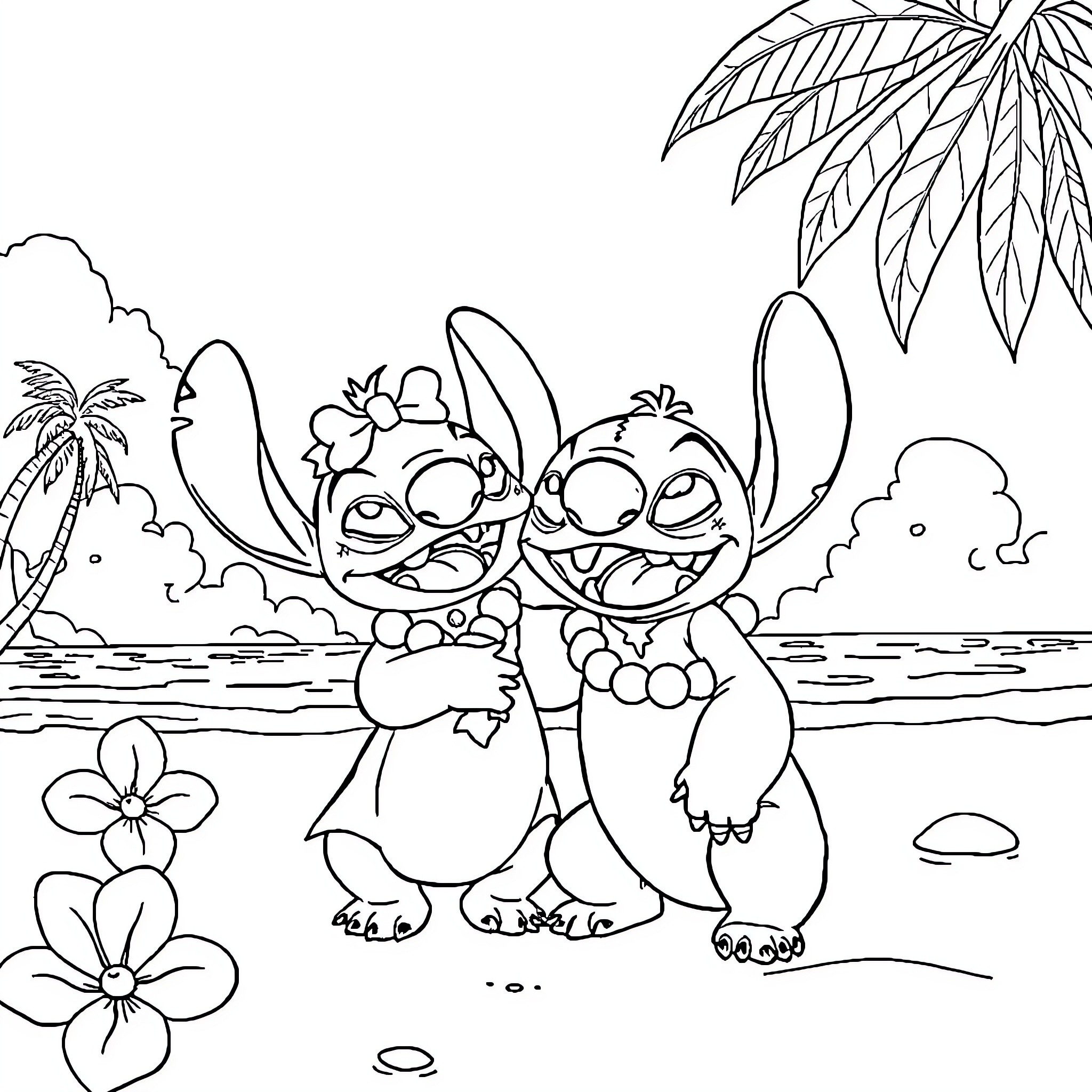 Lilo and Stitch playing on the beach Coloring Page (free black-and-white line drawing printable PDF for all, from beginners to advanced learners, including children, teens, adults, and seniors)