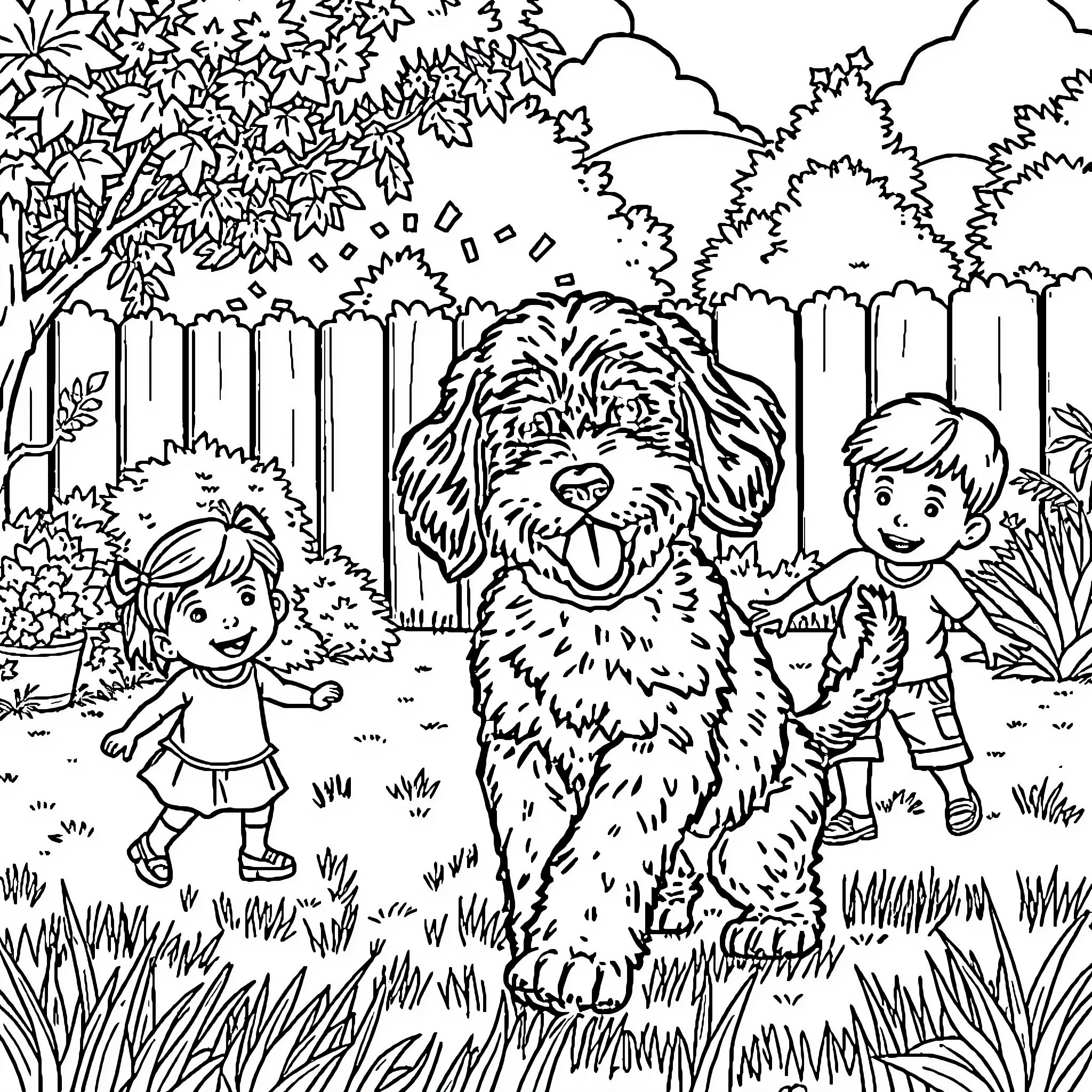 Labradoodle enjoying playtime with children in the backyard Coloring Page (free black-and-white line drawing printable PDF for all, from beginners to advanced learners, including children, teens, adults, and seniors)