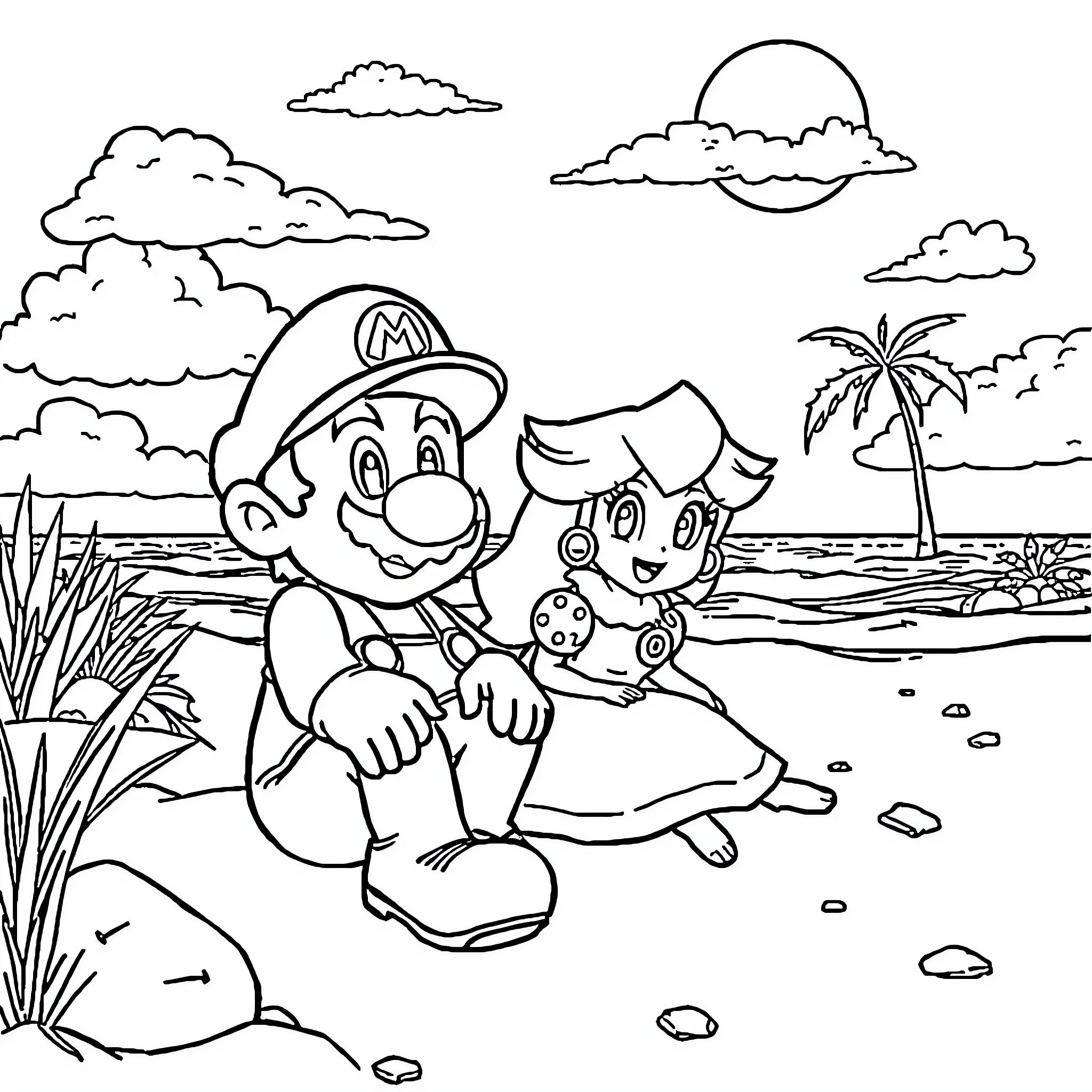 Mario and Princess Exploring the Beach Coloring Page (free black-and-white line drawing printable PDF for all, from beginners to advanced learners, including children, teens, adults, and seniors)