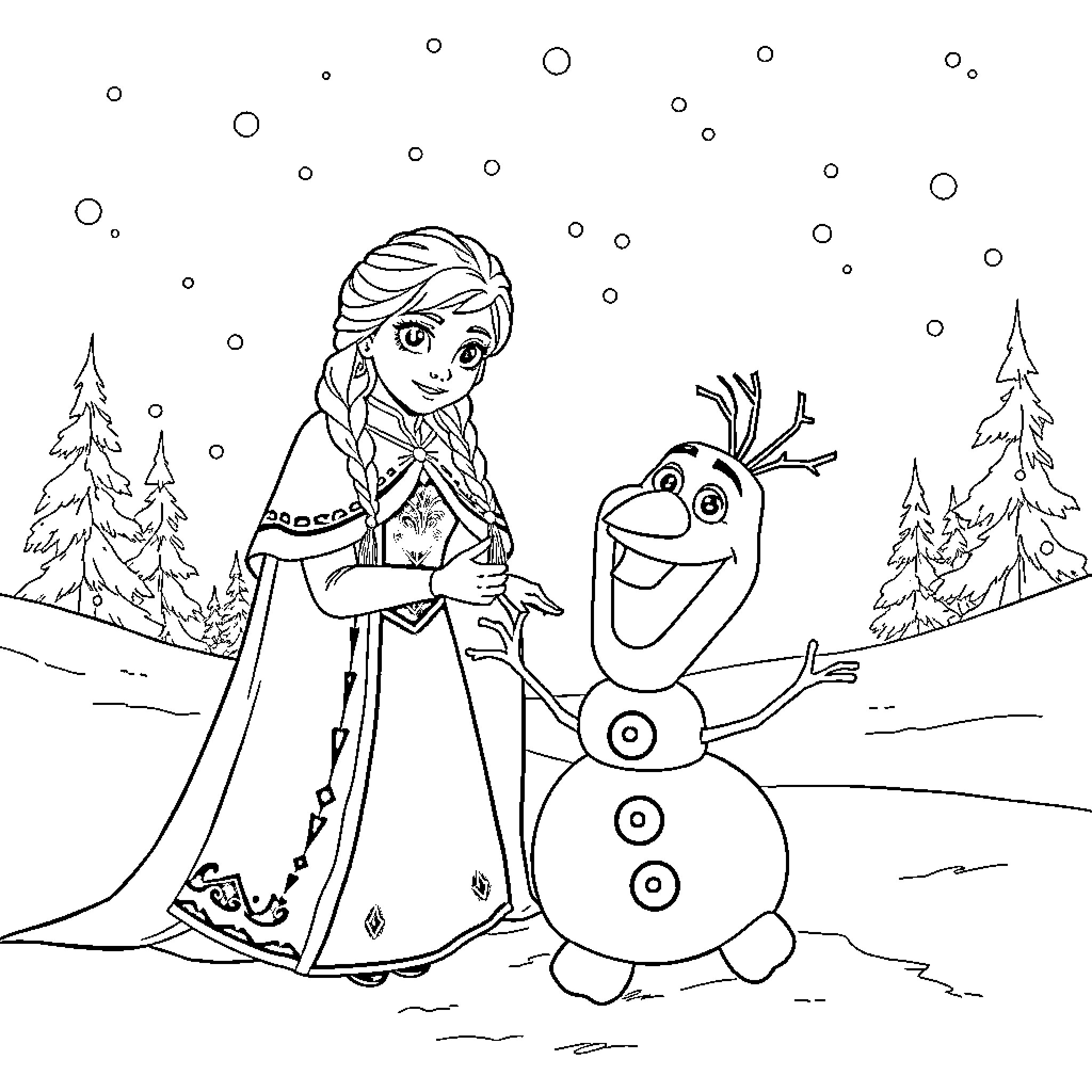 Elsa and Anna playing with Olaf in the winter wonderland Coloring Page (free black-and-white line drawing printable PDF for all, from beginners to advanced learners, including children, teens, adults, and seniors)