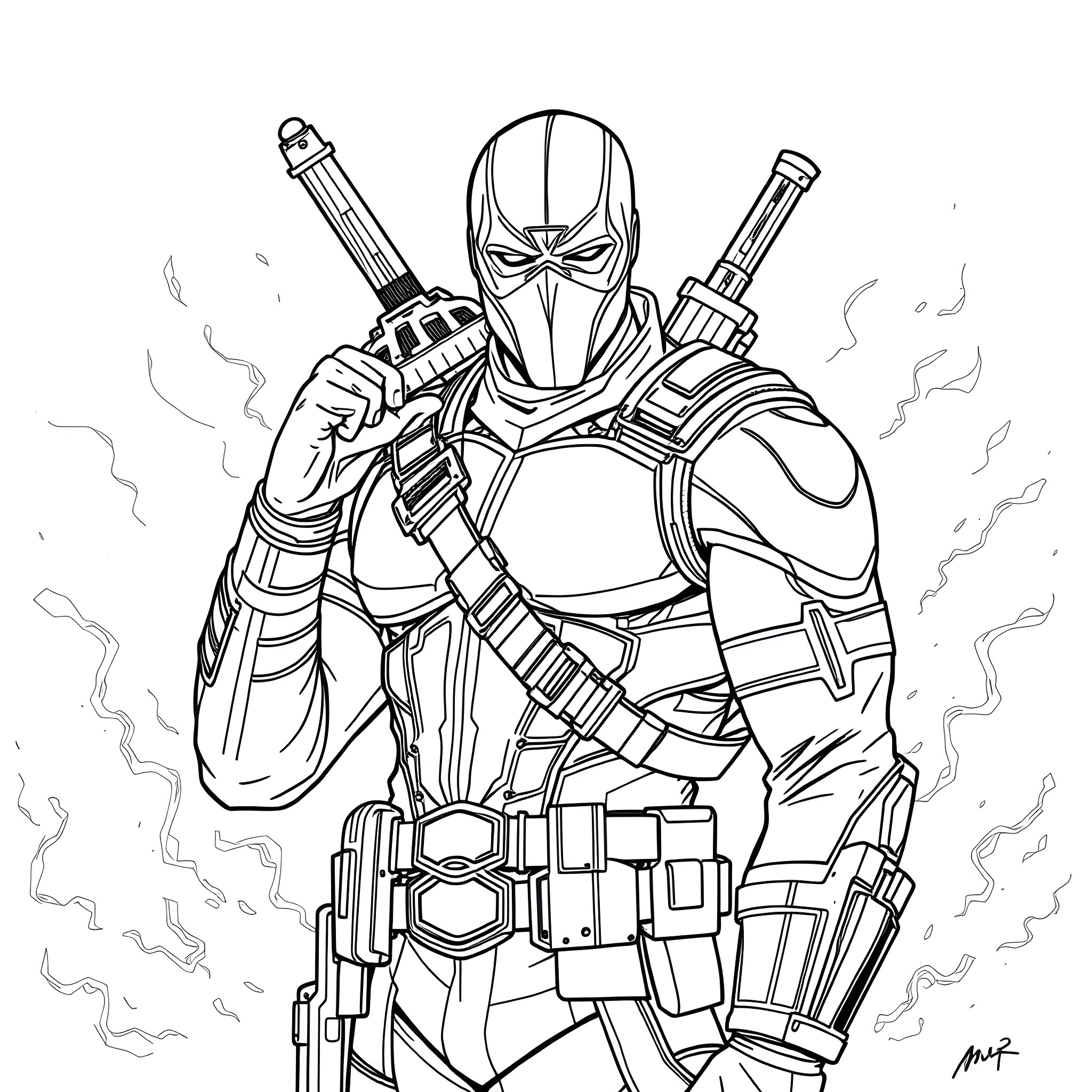 Deathstroke in tactical combat gear, wielding powerful weapons Coloring Page (free black-and-white line drawing printable PDF for all, from beginners to advanced learners, including children, teens, adults, and seniors)