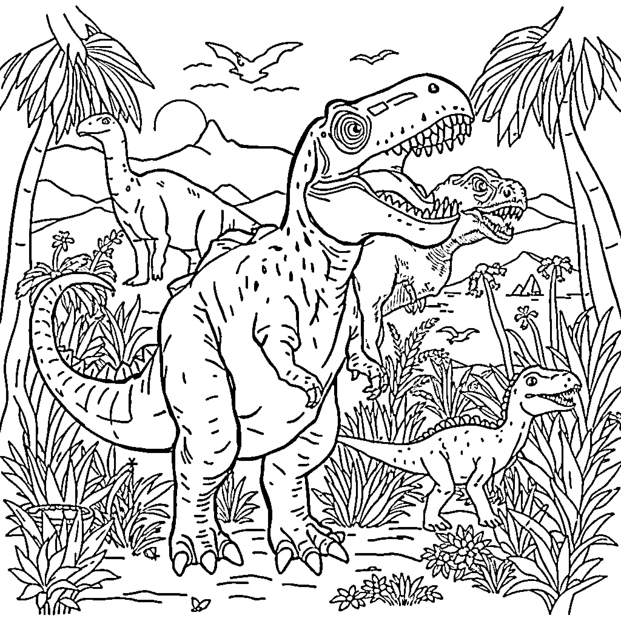 Dinosaur Encounter in Prehistoric Landscape Coloring Page (free black-and-white line drawing printable PDF for all, from beginners to advanced learners, including children, teens, adults, and seniors)