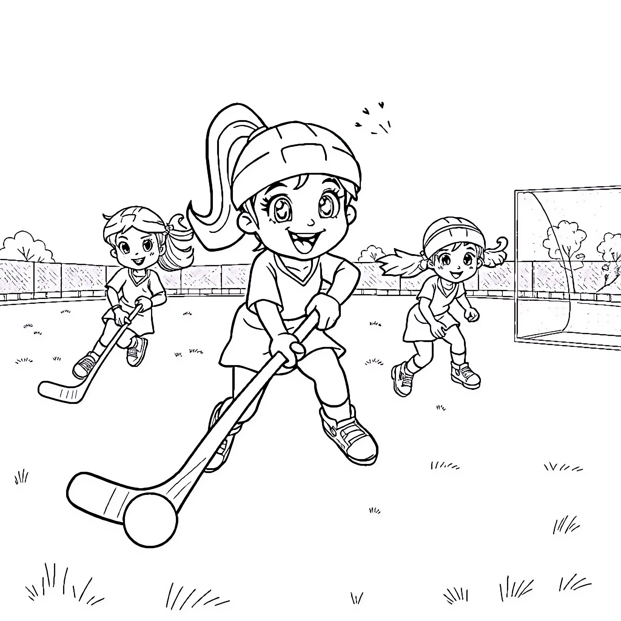 Bluey and friends playing hockey on the field Coloring Page (free black-and-white line drawing printable PDF for all, from beginners to advanced learners, including children, teens, adults, and seniors)