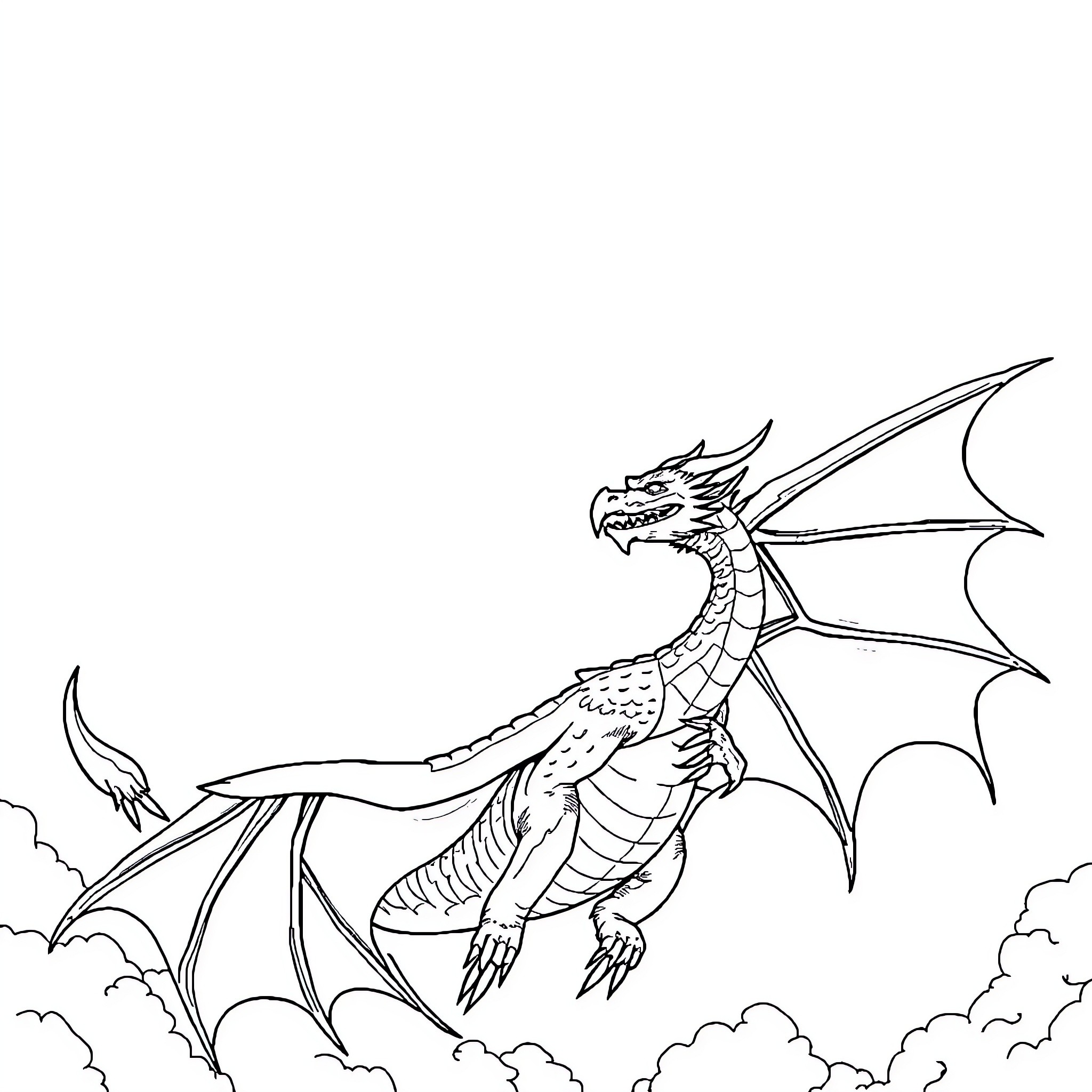 Dragon soaring through the cloudy skies Coloring Page (free black-and-white line drawing printable PDF for all, from beginners to advanced learners, including children, teens, adults, and seniors)