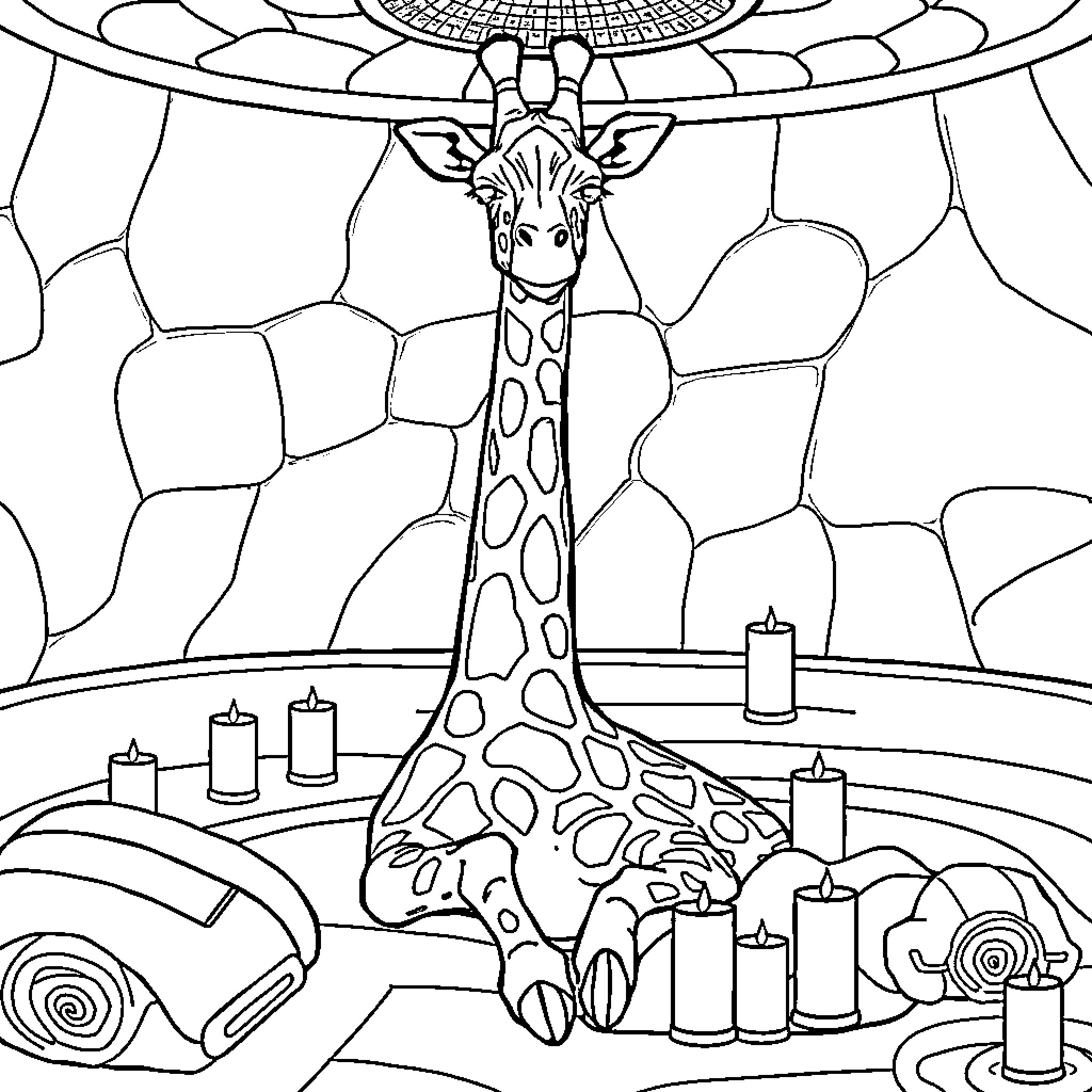 Giraffe in a stained glass window setting Coloring Page (free black-and-white line drawing printable PDF for all, from beginners to advanced learners, including children, teens, adults, and seniors)