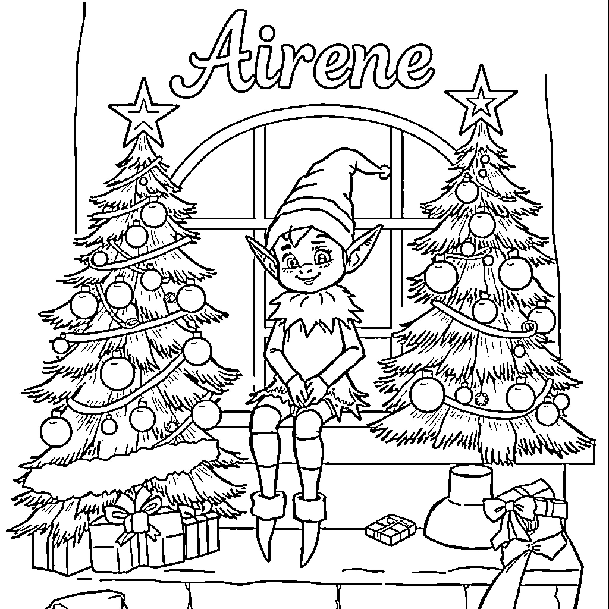 Elf decorating Christmas trees with ornaments Coloring Page (free black-and-white line drawing printable PDF for all, from beginners to advanced learners, including children, teens, adults, and seniors)