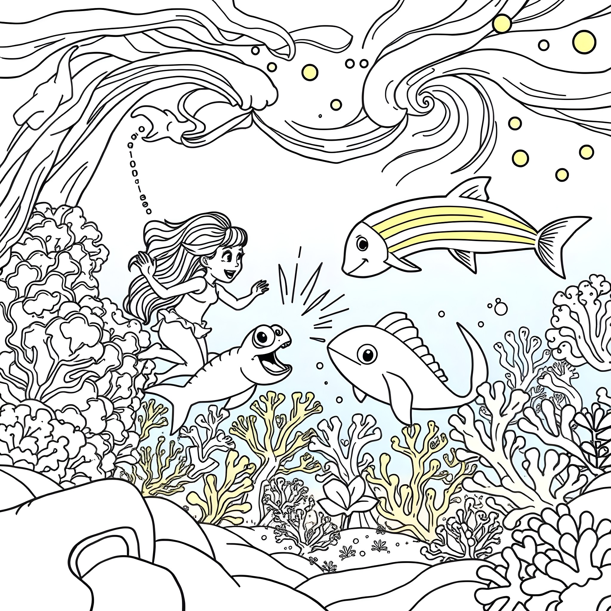 Friend swimming happily with colorful fish in the ocean Coloring Page (free black-and-white line drawing printable PDF for all, from beginners to advanced learners, including children, teens, adults, and seniors)