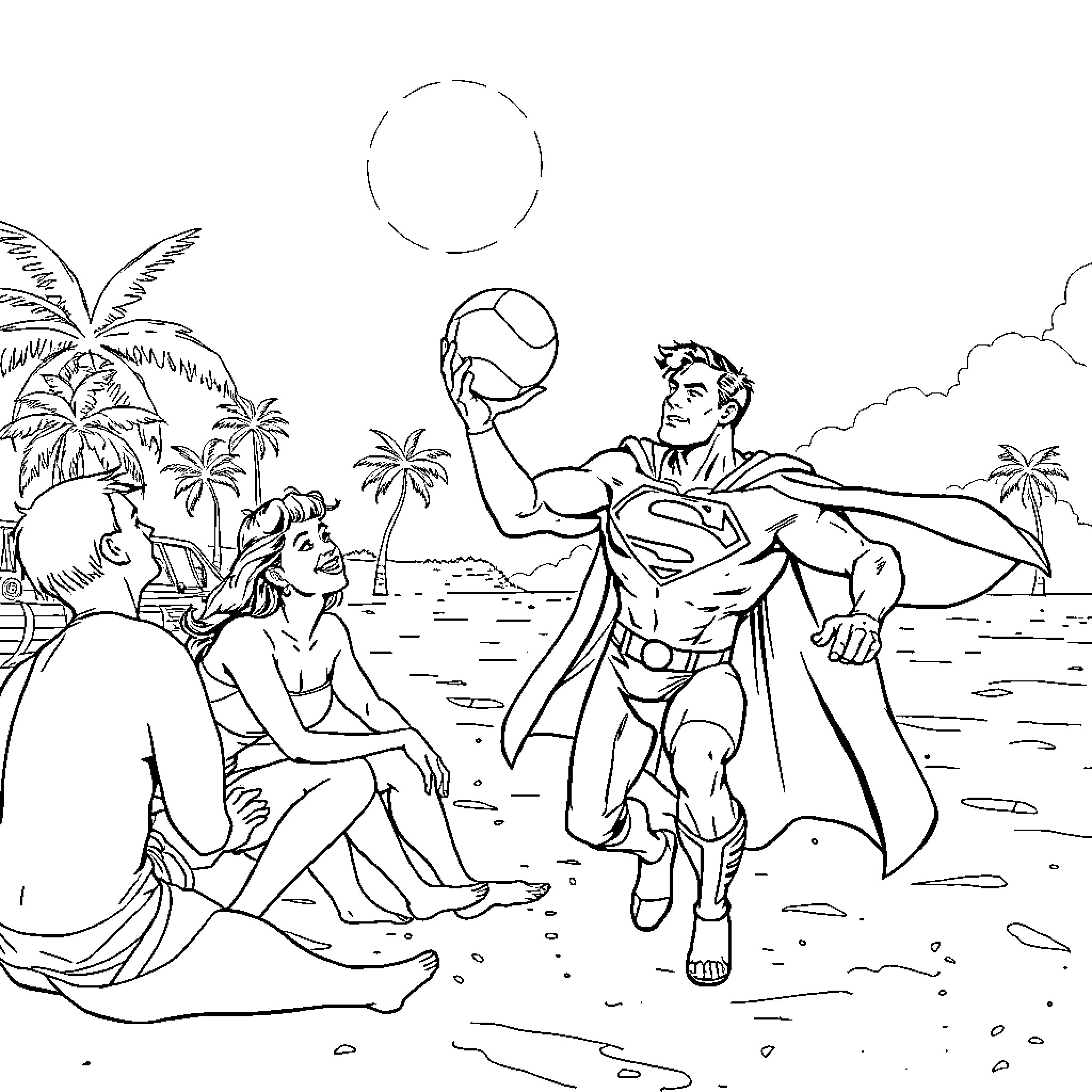 Superman playing volleyball with beachgoers on a sunny day Coloring Page (free black-and-white line drawing printable PDF for all, from beginners to advanced learners, including children, teens, adults, and seniors)