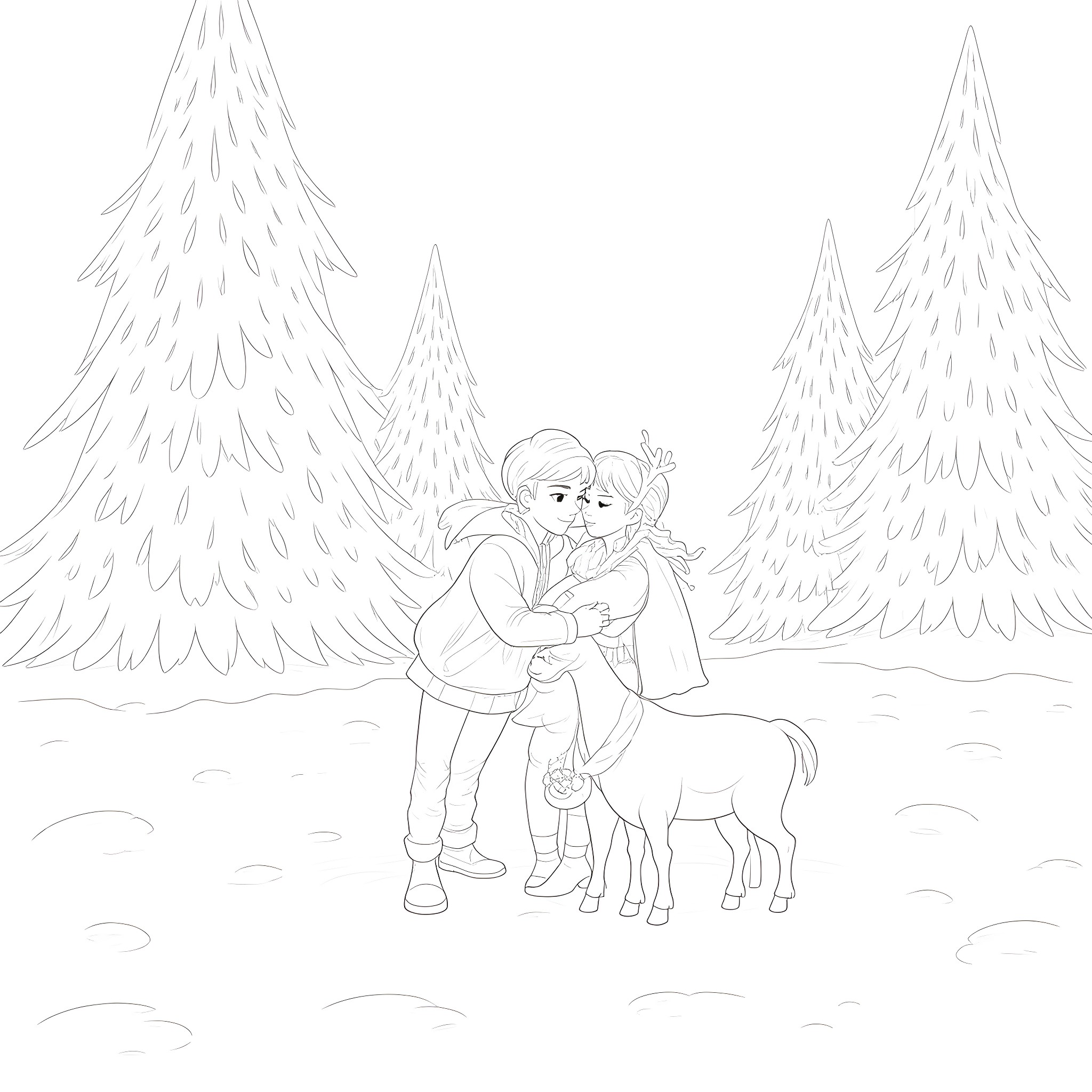 Kristoff embracing Anna amidst the snowy forest Coloring Page (free black-and-white line drawing printable PDF for all, from beginners to advanced learners, including children, teens, adults, and seniors)