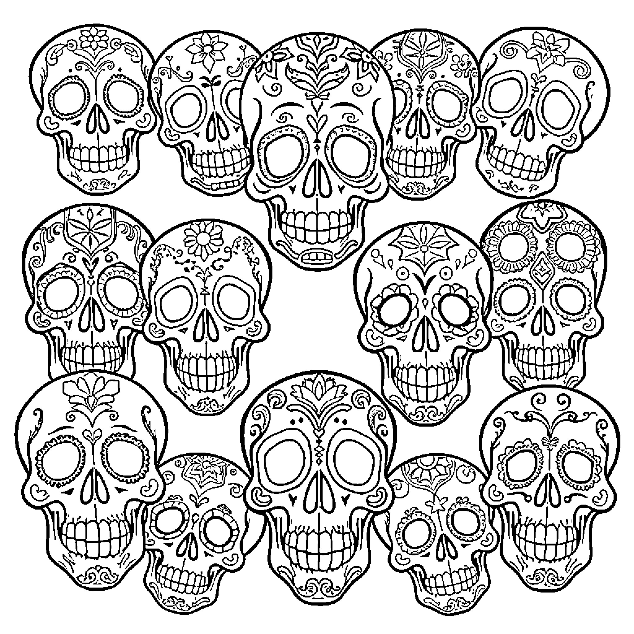 Skull Patterns with Floral Ornaments Coloring Page (free black-and-white line drawing printable PDF for all, from beginners to advanced learners, including children, teens, adults, and seniors)