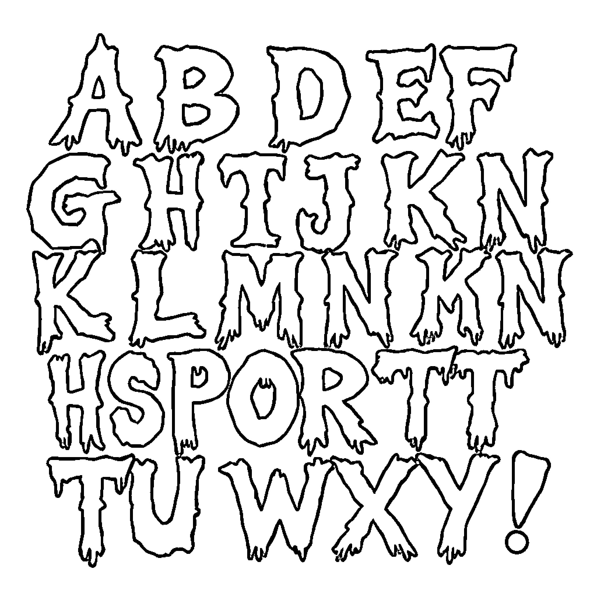 Alphabet of Unique Handwritten Letters Coloring Page (free black-and-white line drawing printable PDF for all, from beginners to advanced learners, including children, teens, adults, and seniors)