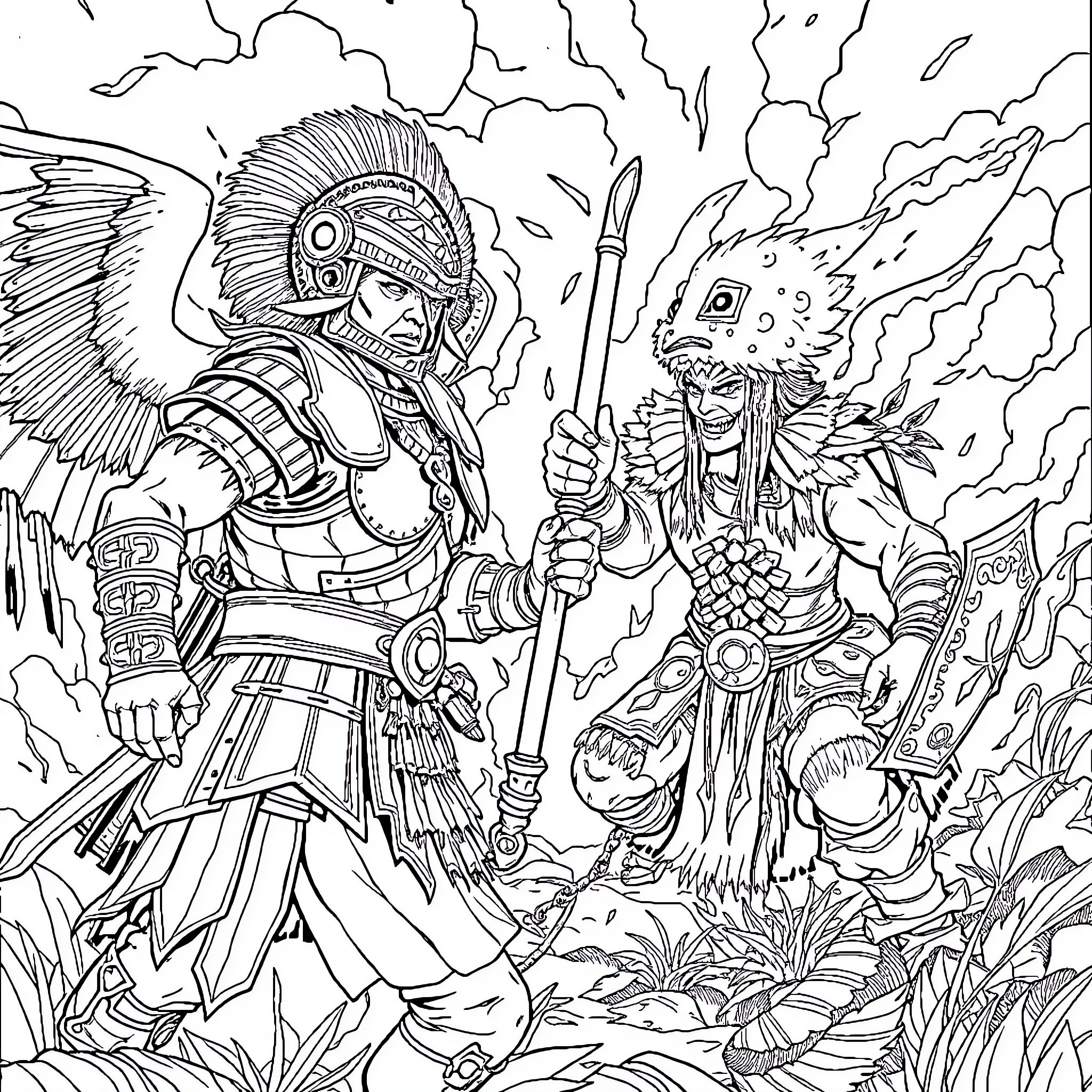 Warrior Clash of Powerful Tribal Leaders Coloring Page (free black-and-white line drawing printable PDF for all, from beginners to advanced learners, including children, teens, adults, and seniors)