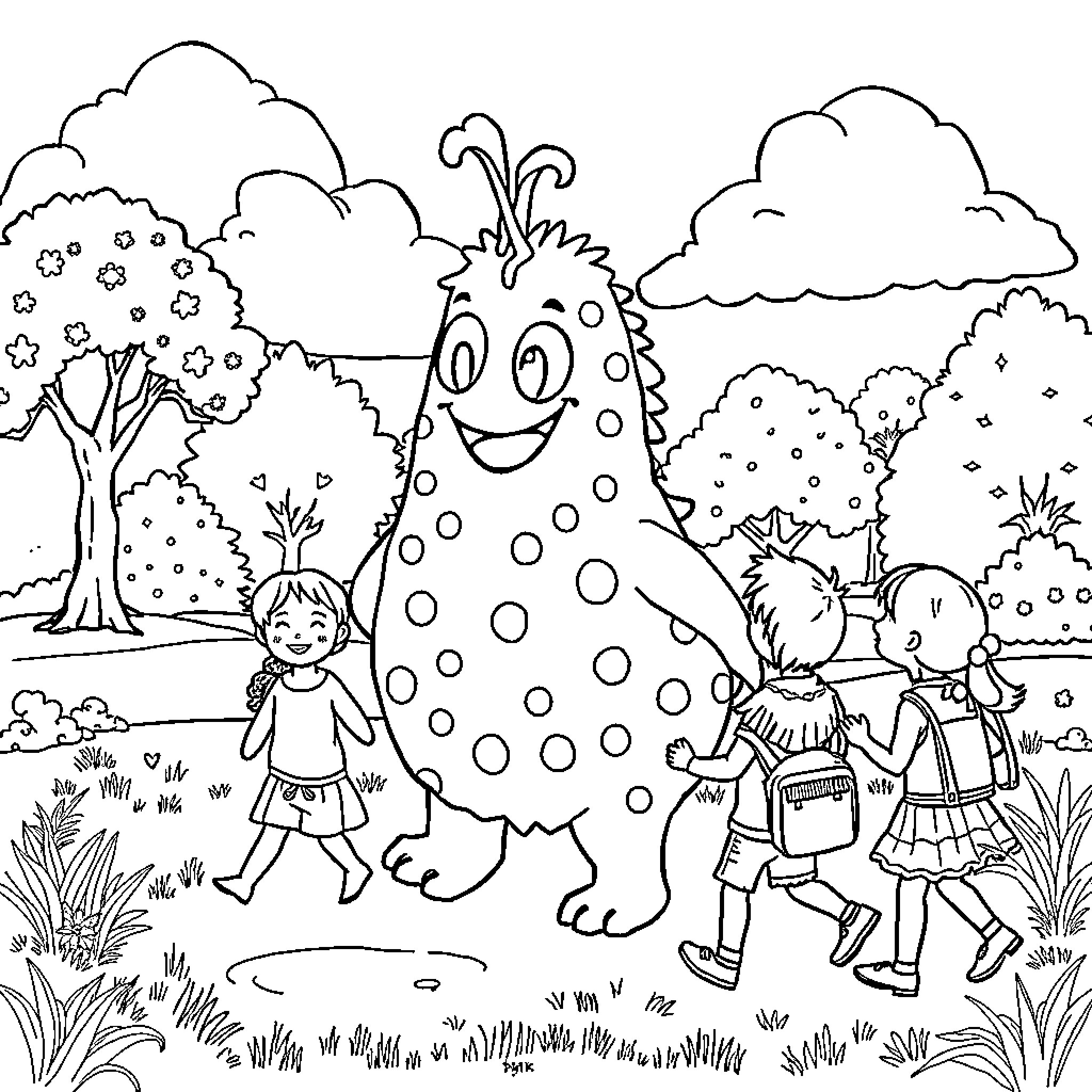 Barbapapa and children playing in the forest Coloring Page (free black-and-white line drawing printable PDF for all, from beginners to advanced learners, including children, teens, adults, and seniors)