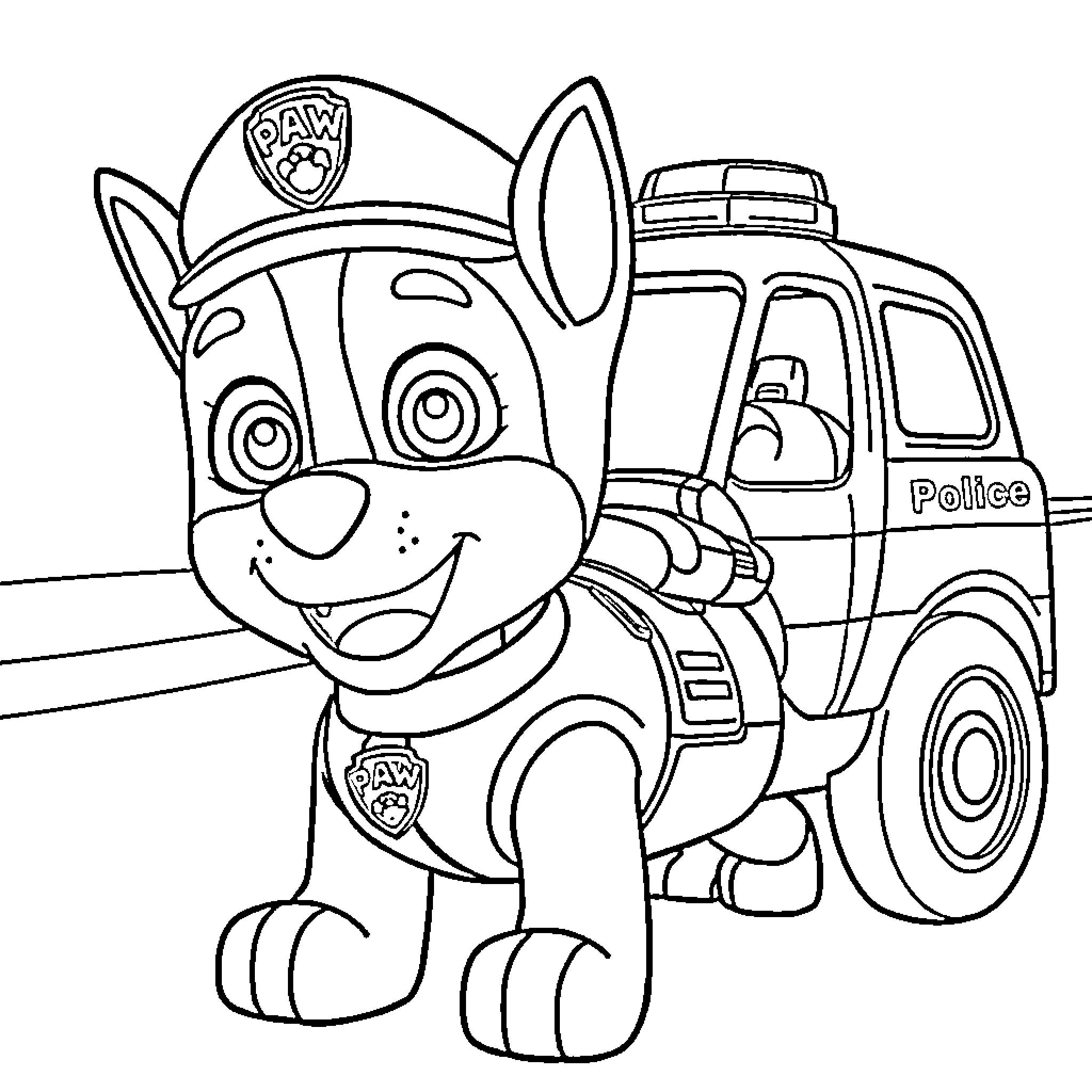 Chase the Puppy Officer Responding to the Call Coloring Page (free black-and-white line drawing printable PDF for all, from beginners to advanced learners, including children, teens, adults, and seniors)