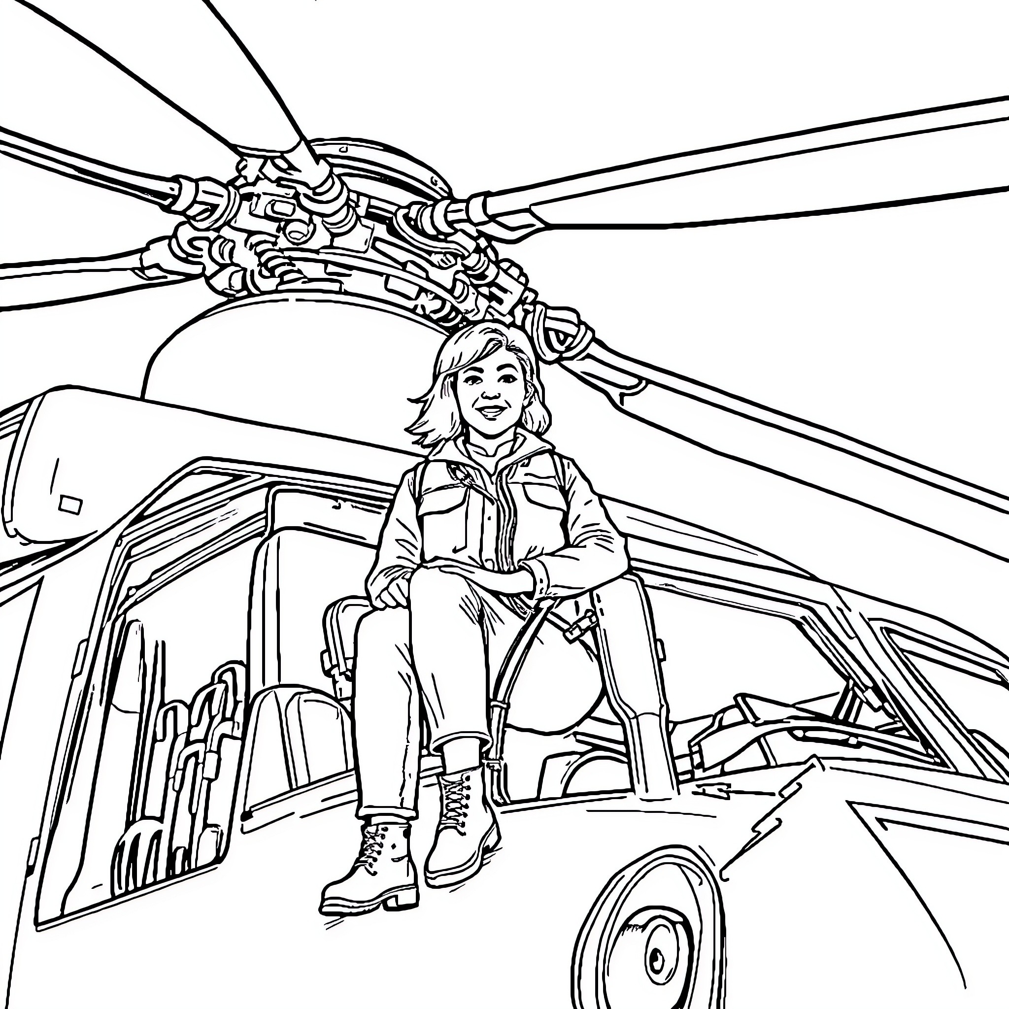 Sidney Sweeney inside a helicopter Coloring Page (free black-and-white line drawing printable PDF for all, from beginners to advanced learners, including children, teens, adults, and seniors)