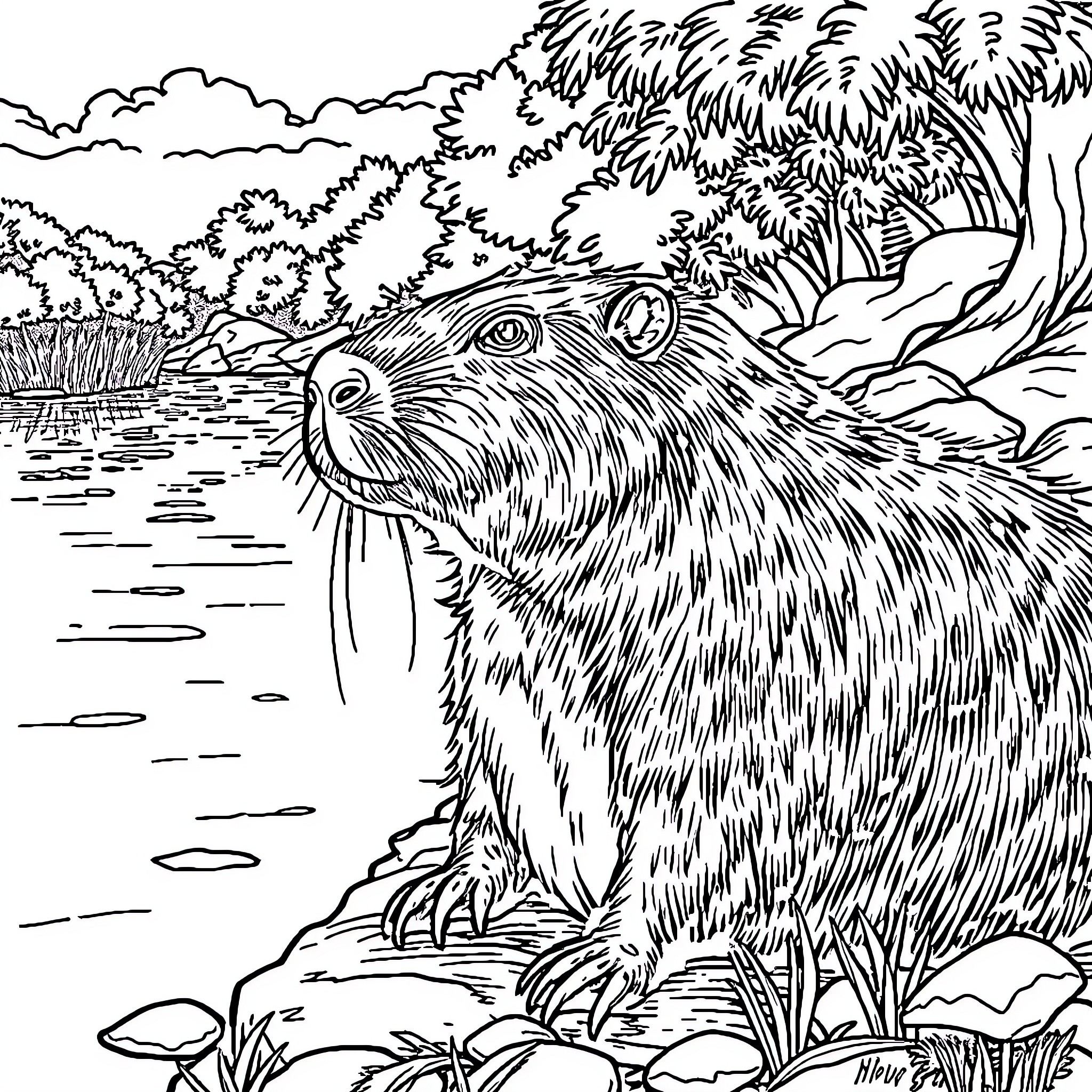 Capybara enjoying the serene natural landscape Coloring Page (free black-and-white line drawing printable PDF for all, from beginners to advanced learners, including children, teens, adults, and seniors)