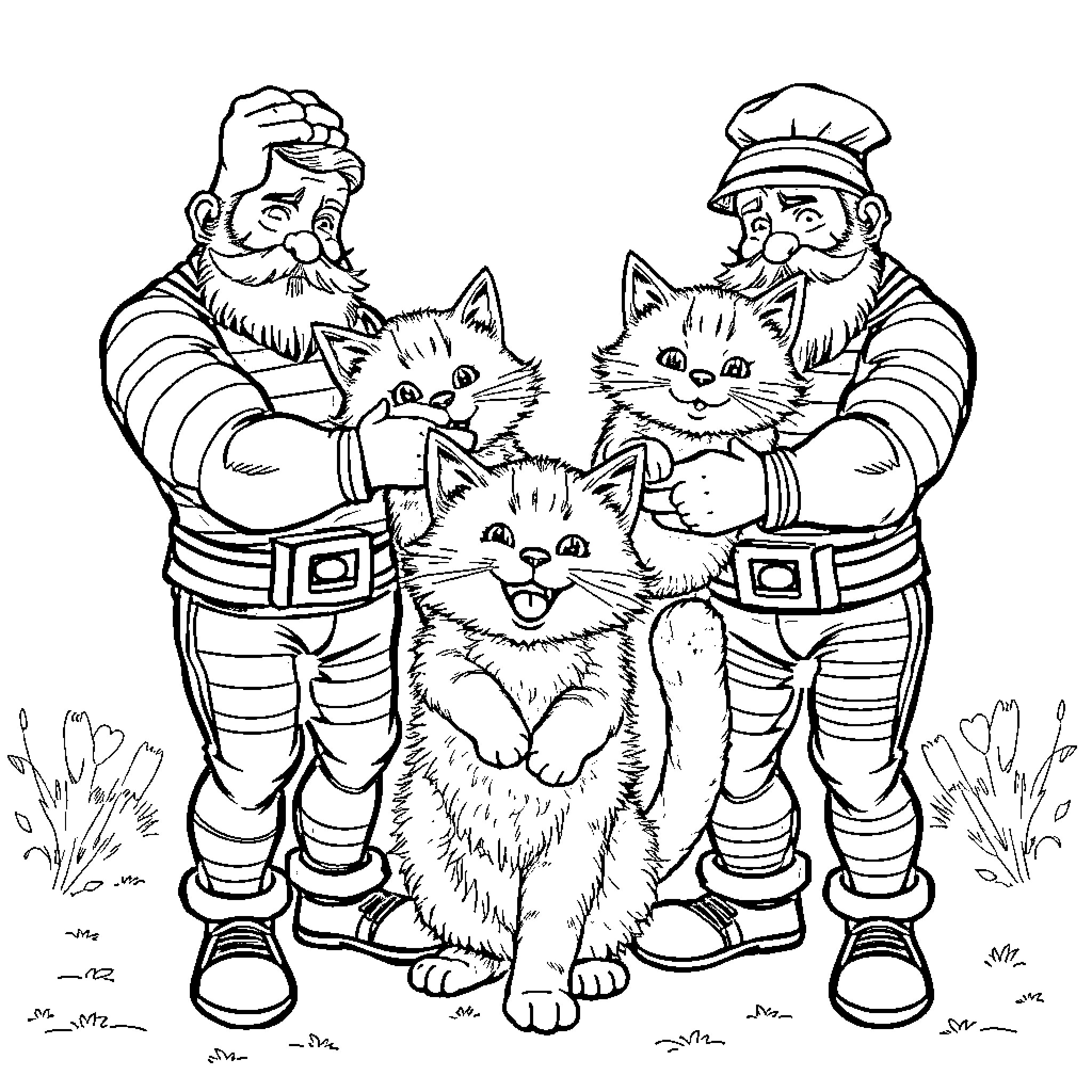 Strongman Miners with Playful Kittens Coloring Page (free black-and-white line drawing printable PDF for all, from beginners to advanced learners, including children, teens, adults, and seniors)