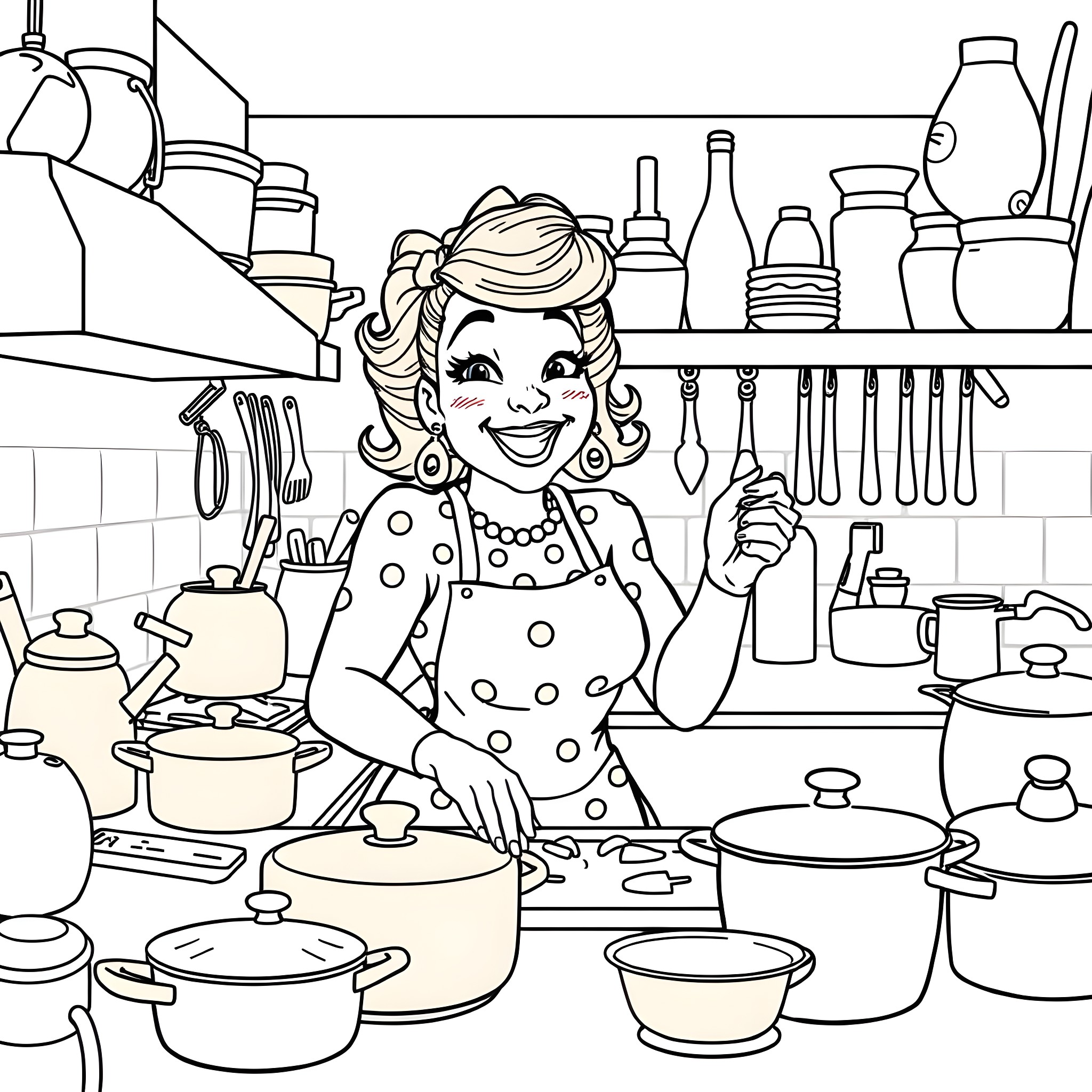 Cardi B Enjoying Cooking in the Kitchen Coloring Page (free black-and-white line drawing printable PDF for all, from beginners to advanced learners, including children, teens, adults, and seniors)