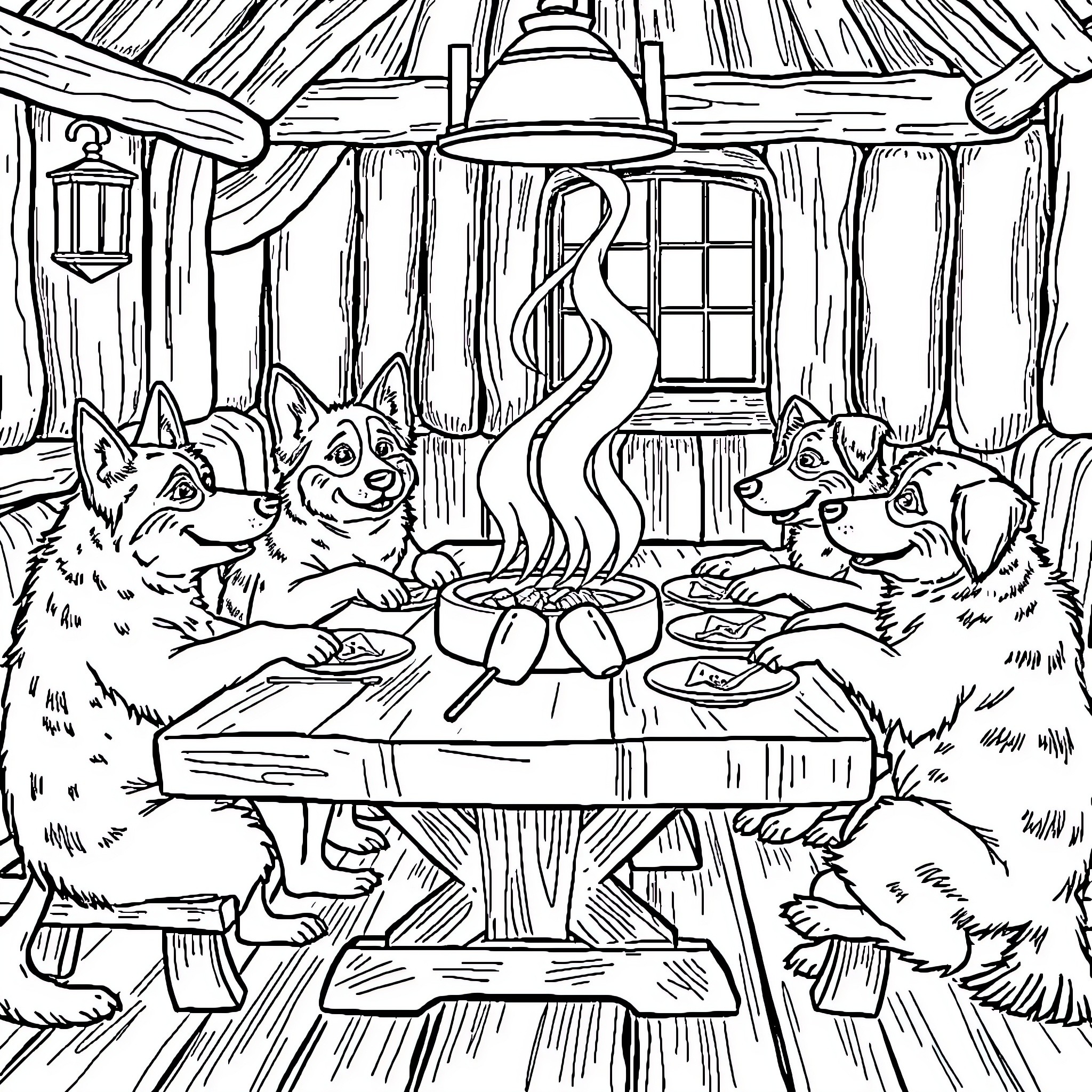 Dogs enjoying a cozy campfire meal together Coloring Page (free black-and-white line drawing printable PDF for all, from beginners to advanced learners, including children, teens, adults, and seniors)