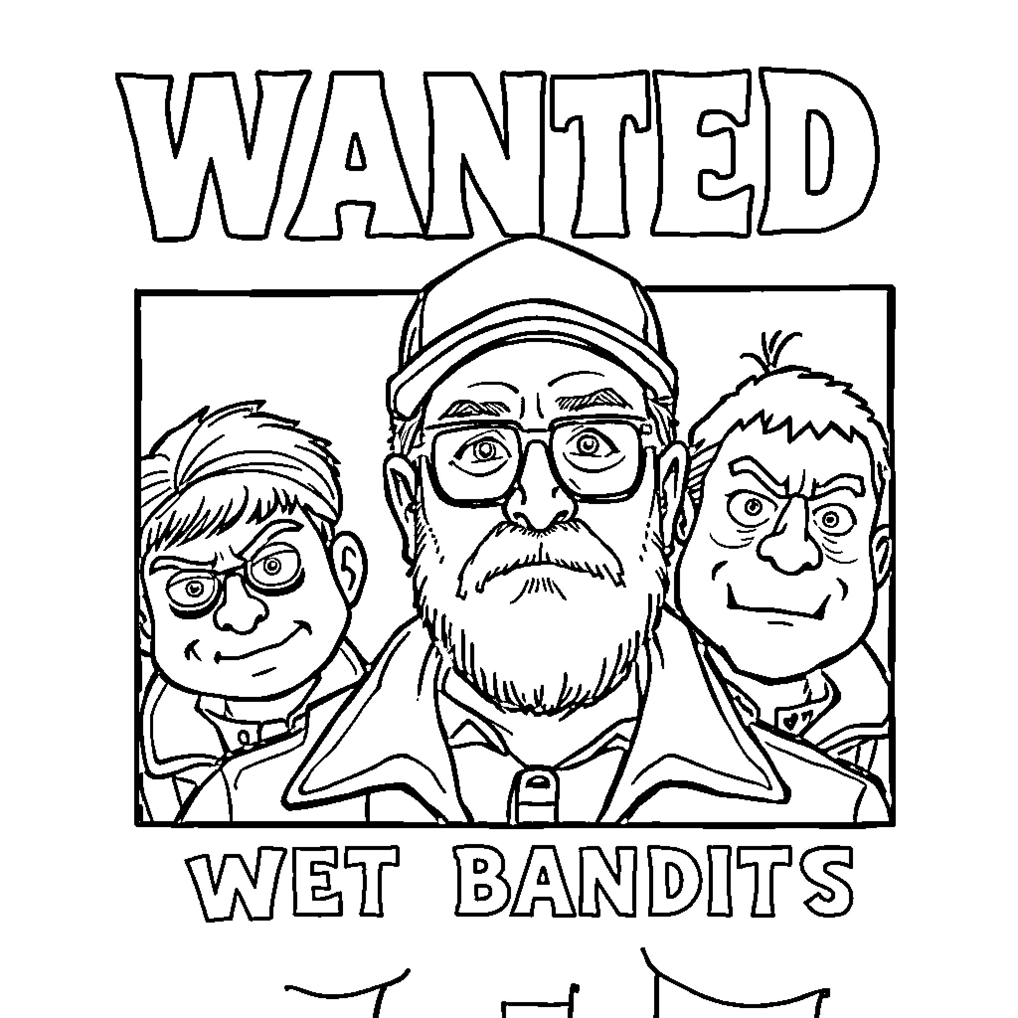 Pete Hegseth Wanted Wet Bandits Cartoon Coloring Page (free black-and-white line drawing printable PDF for all, from beginners to advanced learners, including children, teens, adults, and seniors)