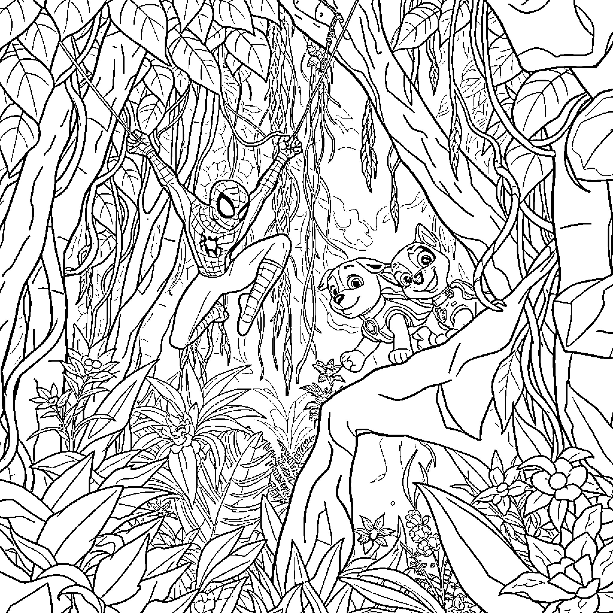 Spiderman in a Mysterious Jungle Coloring Page (free black-and-white line drawing printable PDF for all, from beginners to advanced learners, including children, teens, adults, and seniors)