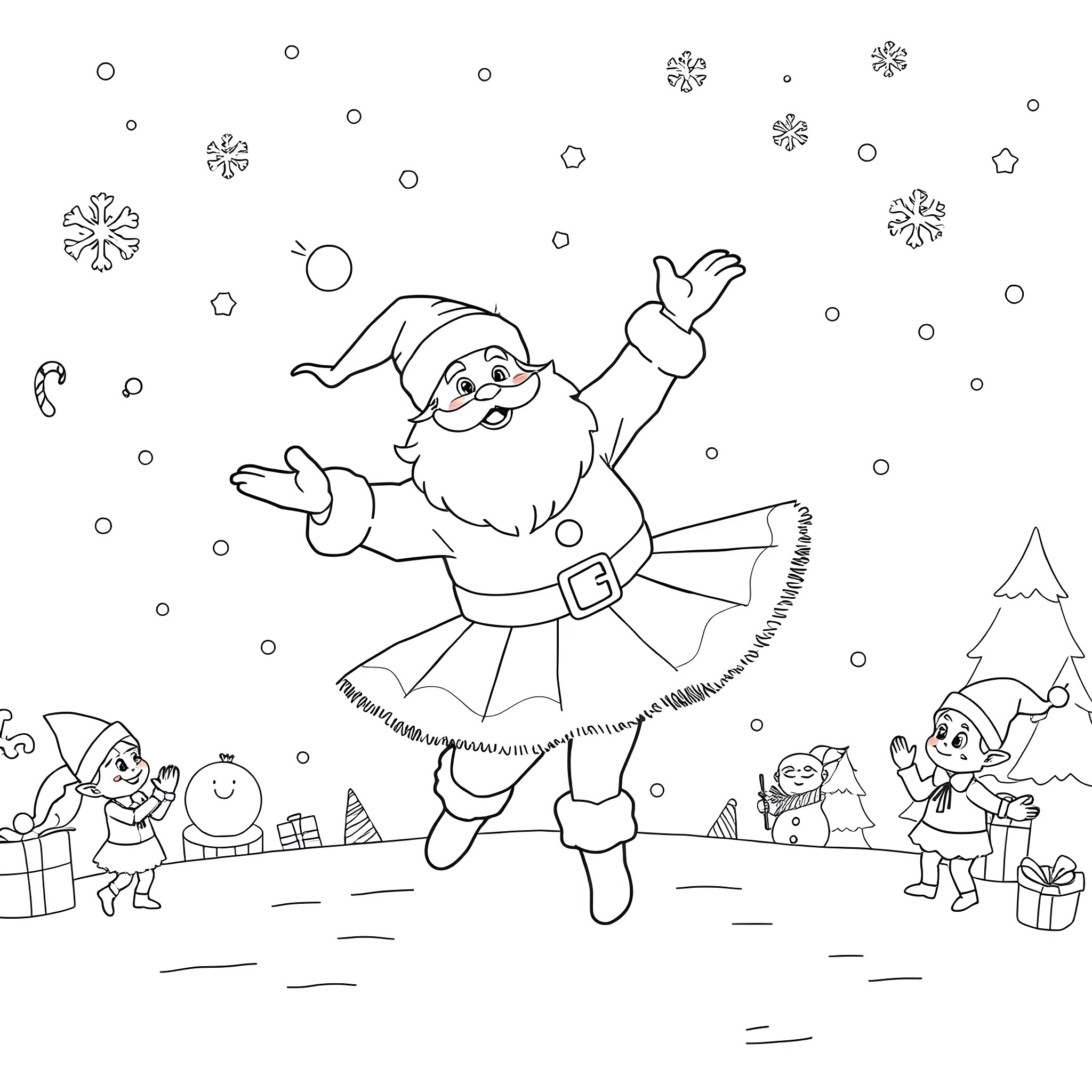 Santa joyfully jumping among snowflakes and children Coloring Page (free black-and-white line drawing printable PDF for all, from beginners to advanced learners, including children, teens, adults, and seniors)