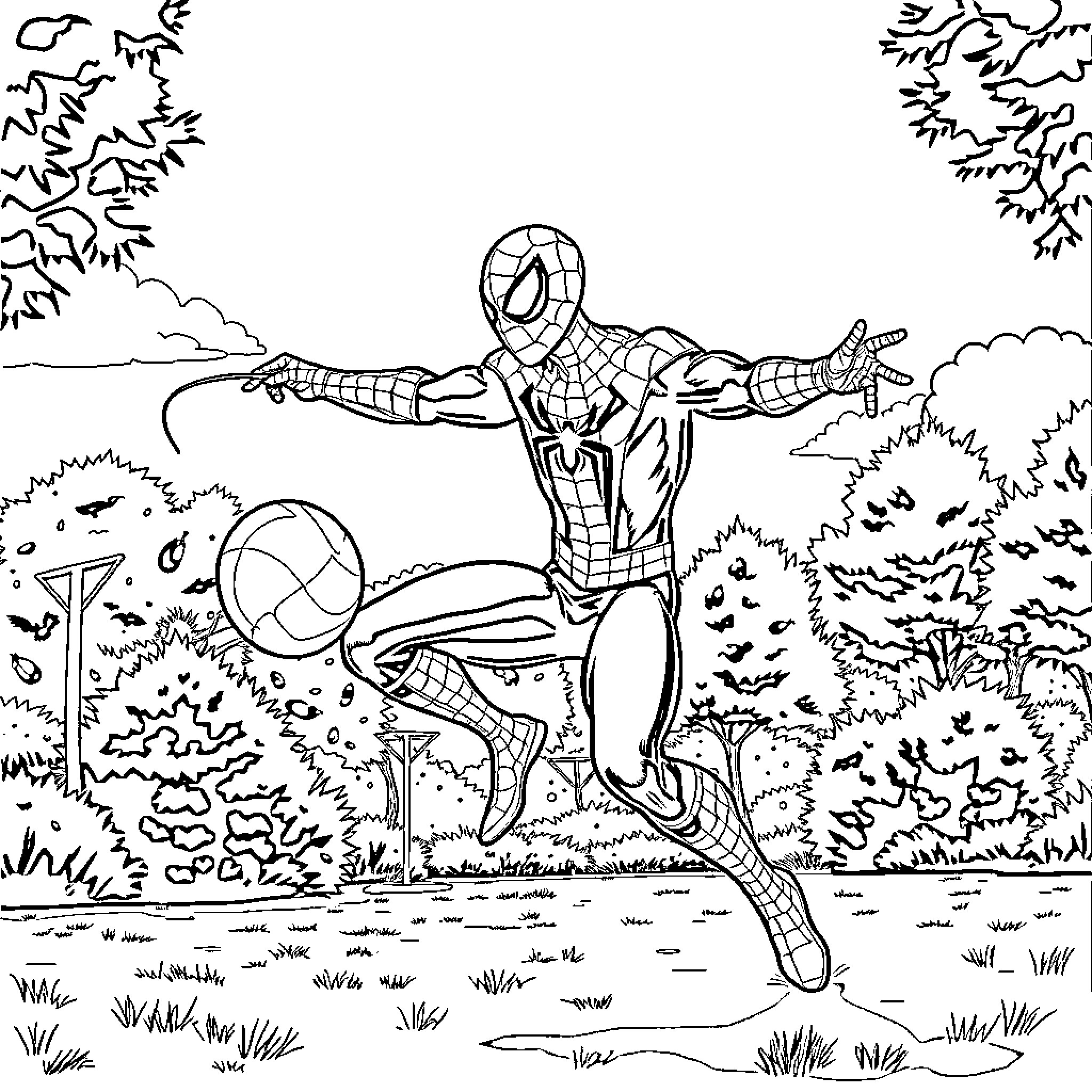 Spiderman swinging through the forest Coloring Page (free black-and-white line drawing printable PDF for all, from beginners to advanced learners, including children, teens, adults, and seniors)