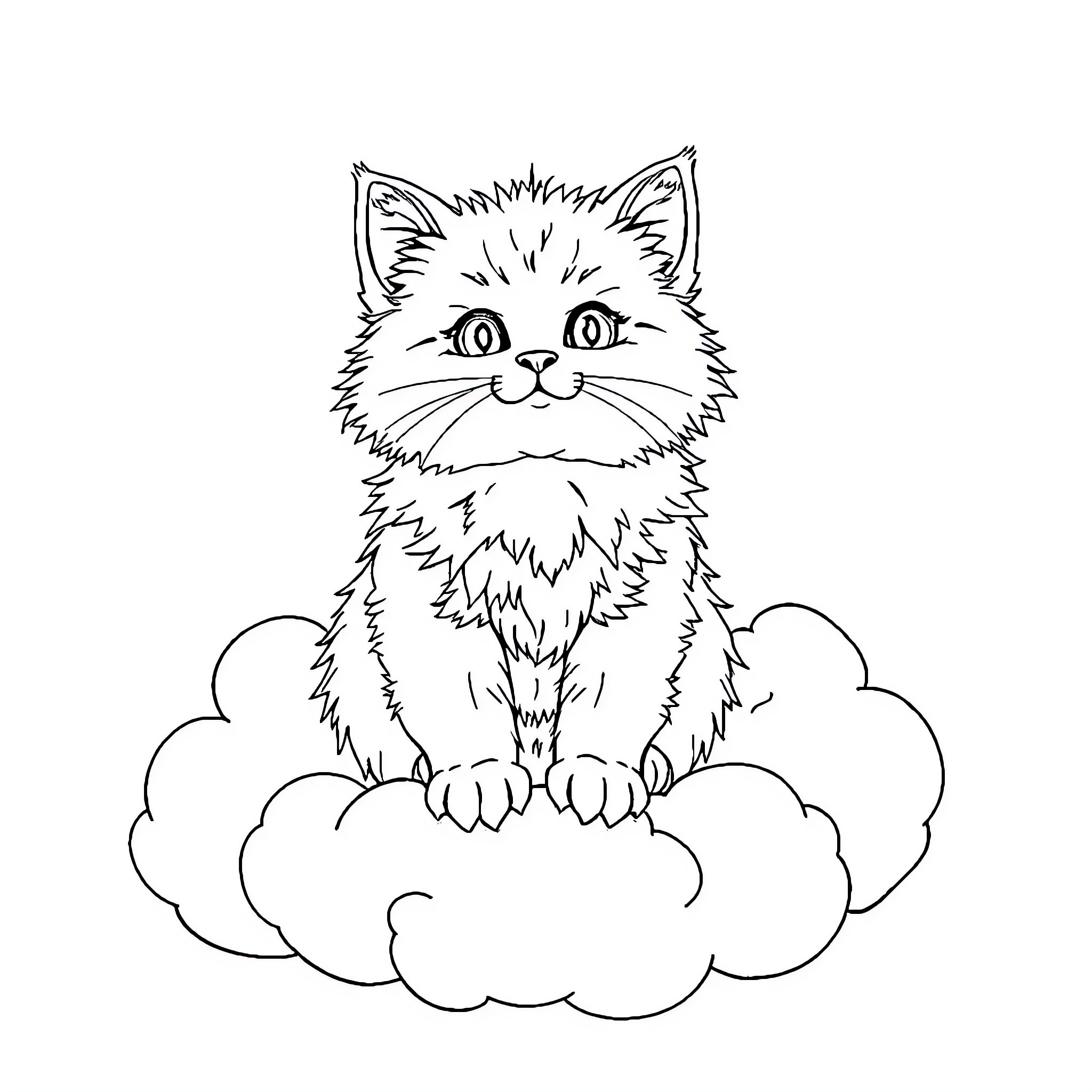 Cat sitting on clouds Coloring Page (free black-and-white line drawing printable PDF for all, from beginners to advanced learners, including children, teens, adults, and seniors)