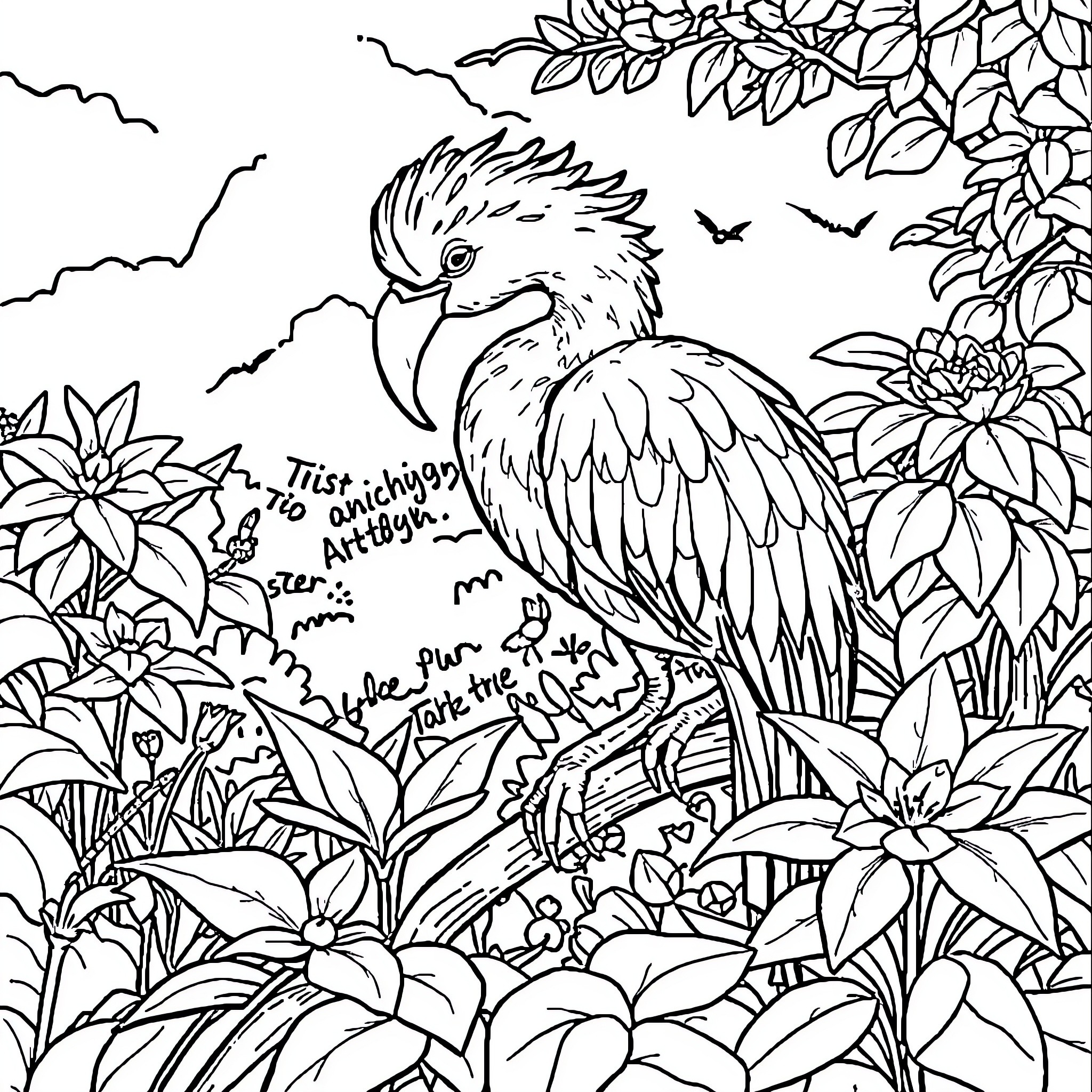 Animal exploring floral jungle environment Coloring Page (free black-and-white line drawing printable PDF for all, from beginners to advanced learners, including children, teens, adults, and seniors)