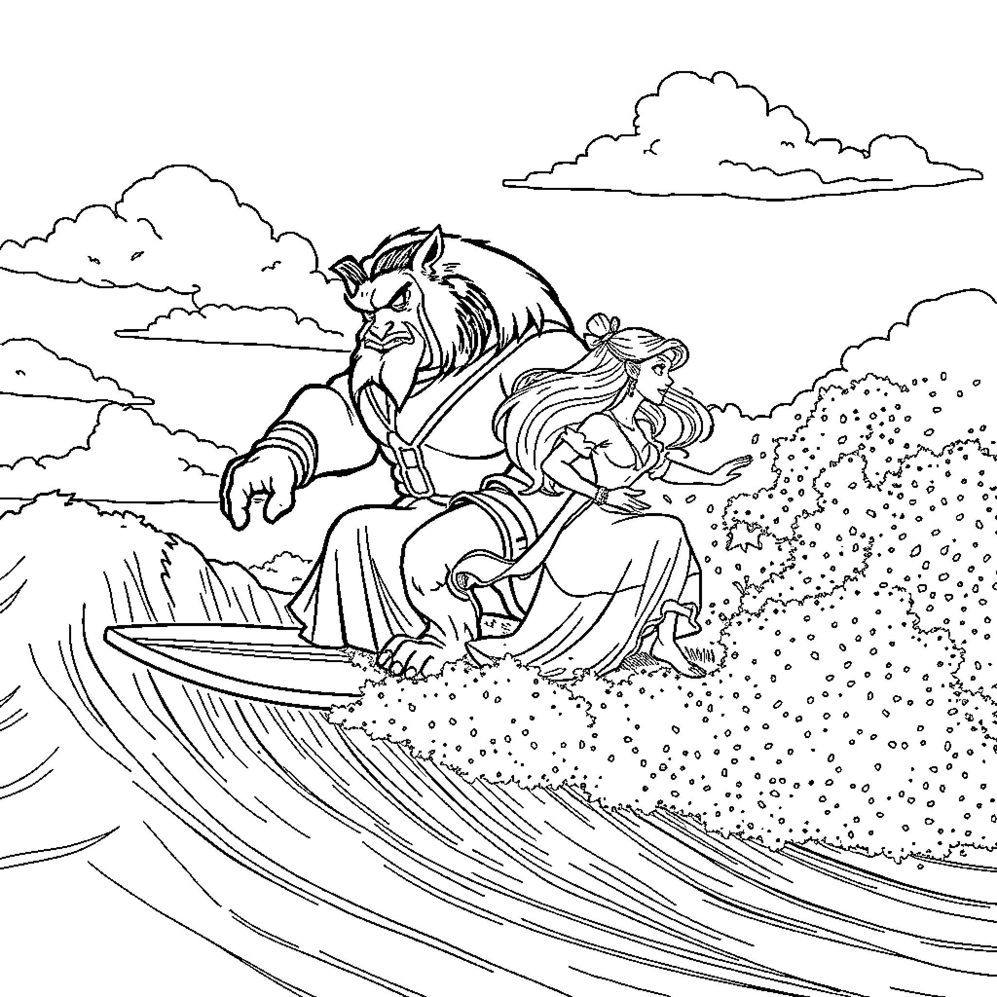 Beauty And The Beast Riding Ocean Waves Coloring Page (free black-and-white line drawing printable PDF for all, from beginners to advanced learners, including children, teens, adults, and seniors)