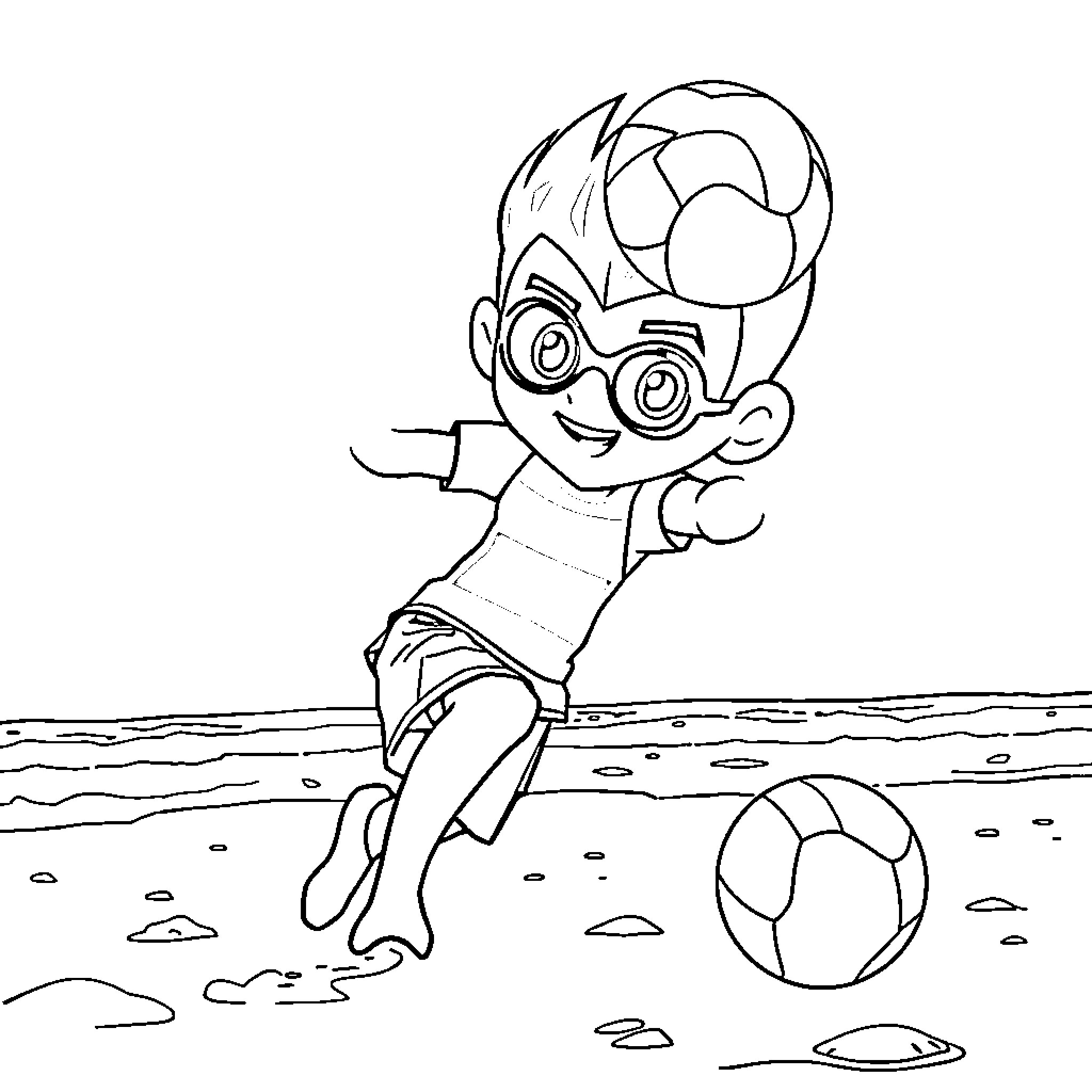 Ben 10 playing with sports ball on the beach Coloring Page (free black-and-white line drawing printable PDF for all, from beginners to advanced learners, including children, teens, adults, and seniors)