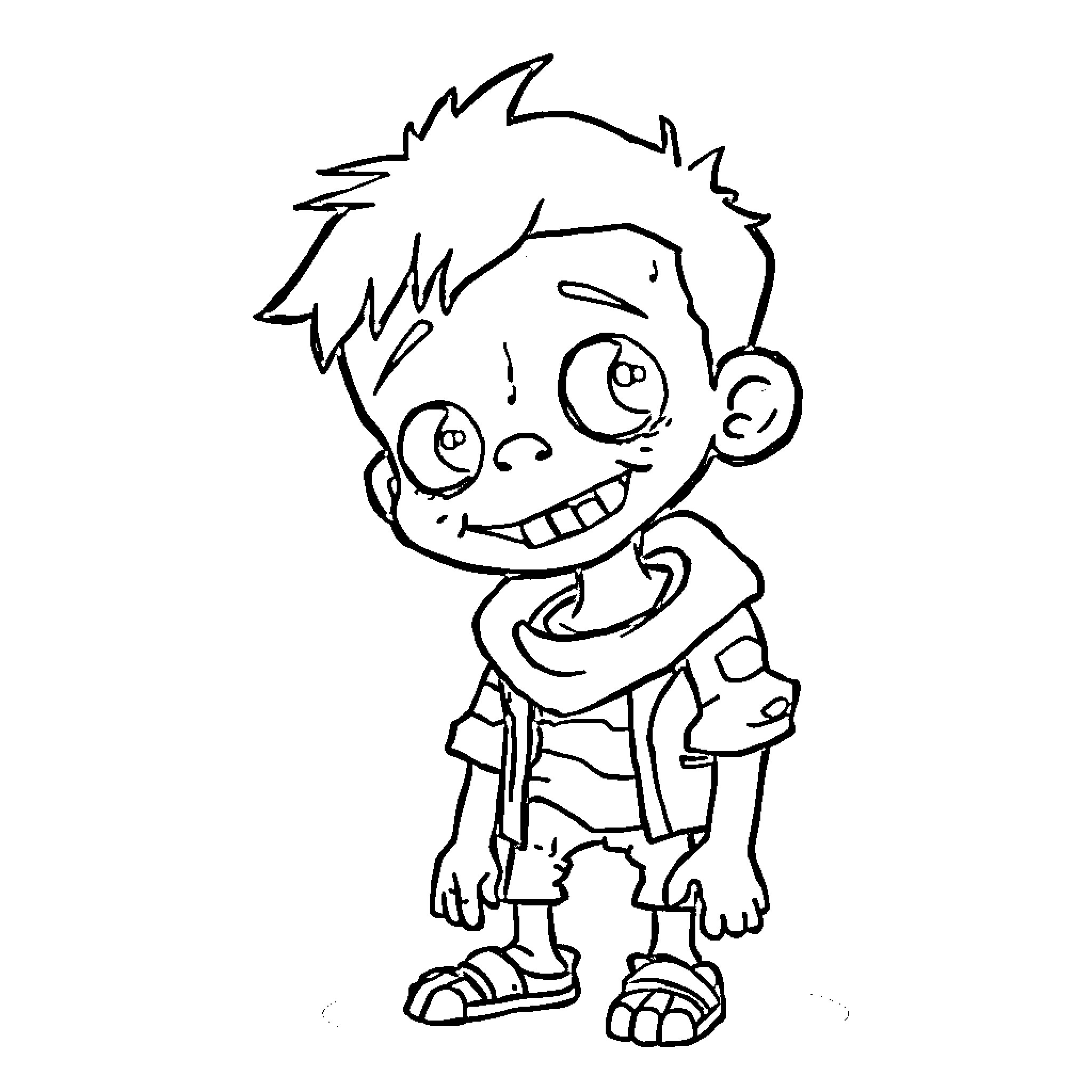 Zombie Boy with Mischievous Grin Coloring Page (free black-and-white line drawing printable PDF for all, from beginners to advanced learners, including children, teens, adults, and seniors)