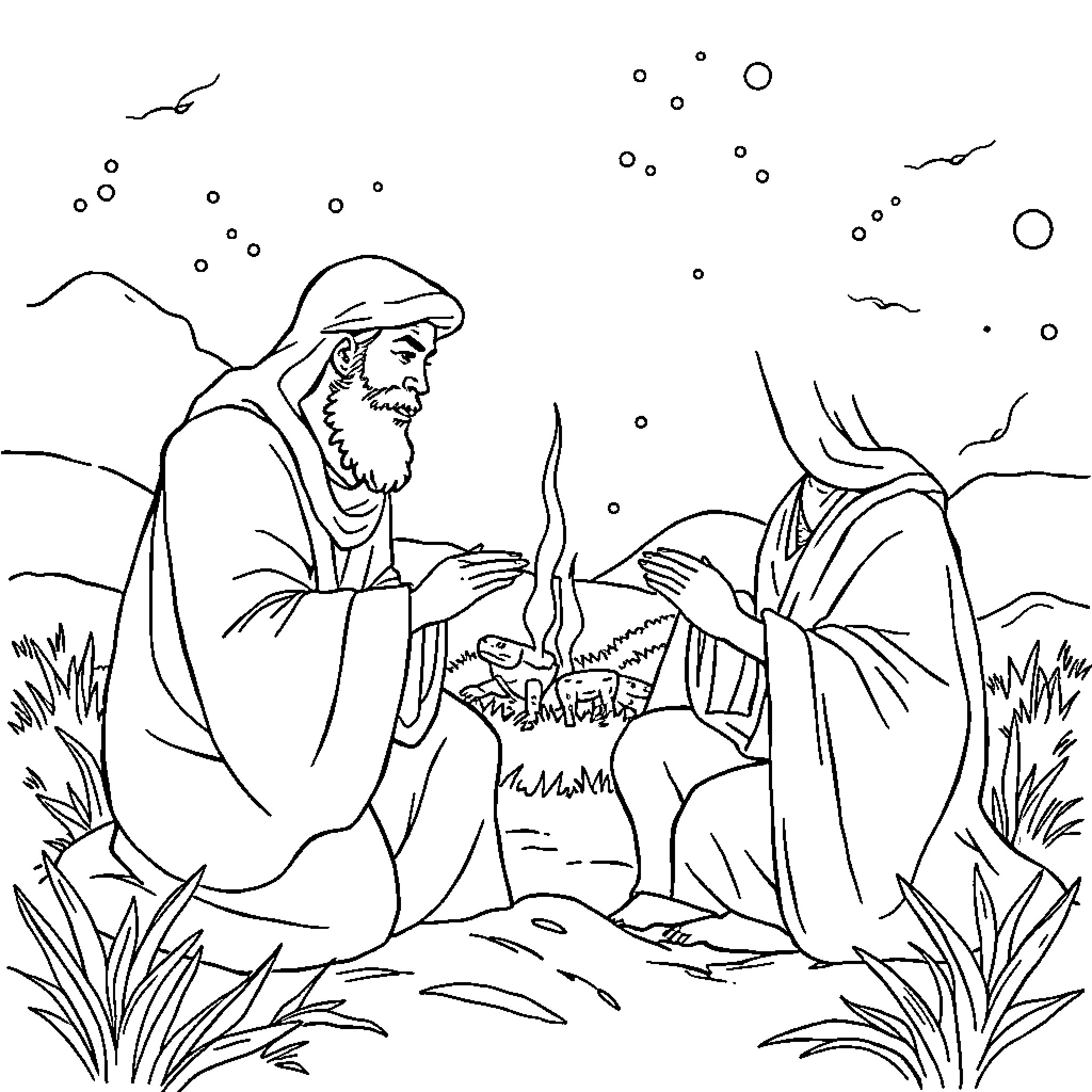 Abraham's Encounter with a Mysterious Figure in the Wilderness Coloring Page (free black-and-white line drawing printable PDF for all, from beginners to advanced learners, including children, teens, adults, and seniors)