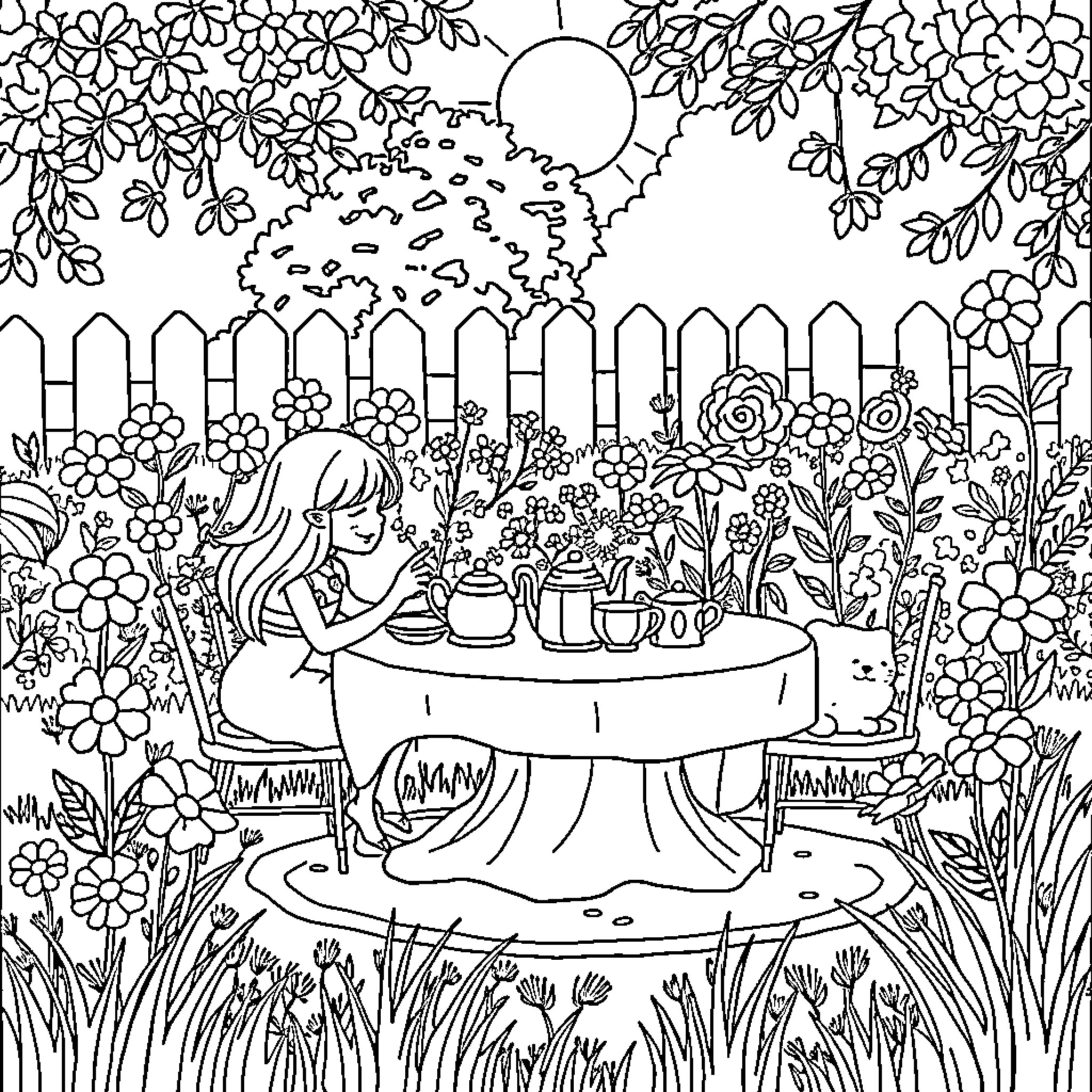 Tea Time in a Blooming Garden Coloring Page (free black-and-white line drawing printable PDF for all, from beginners to advanced learners, including children, teens, adults, and seniors)