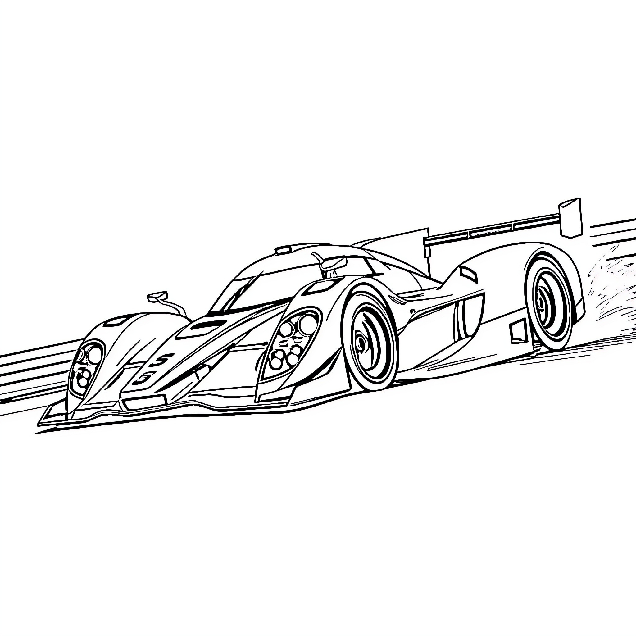 Race Car speeding on the track Coloring Page (free black-and-white line drawing printable PDF for all, from beginners to advanced learners, including children, teens, adults, and seniors)