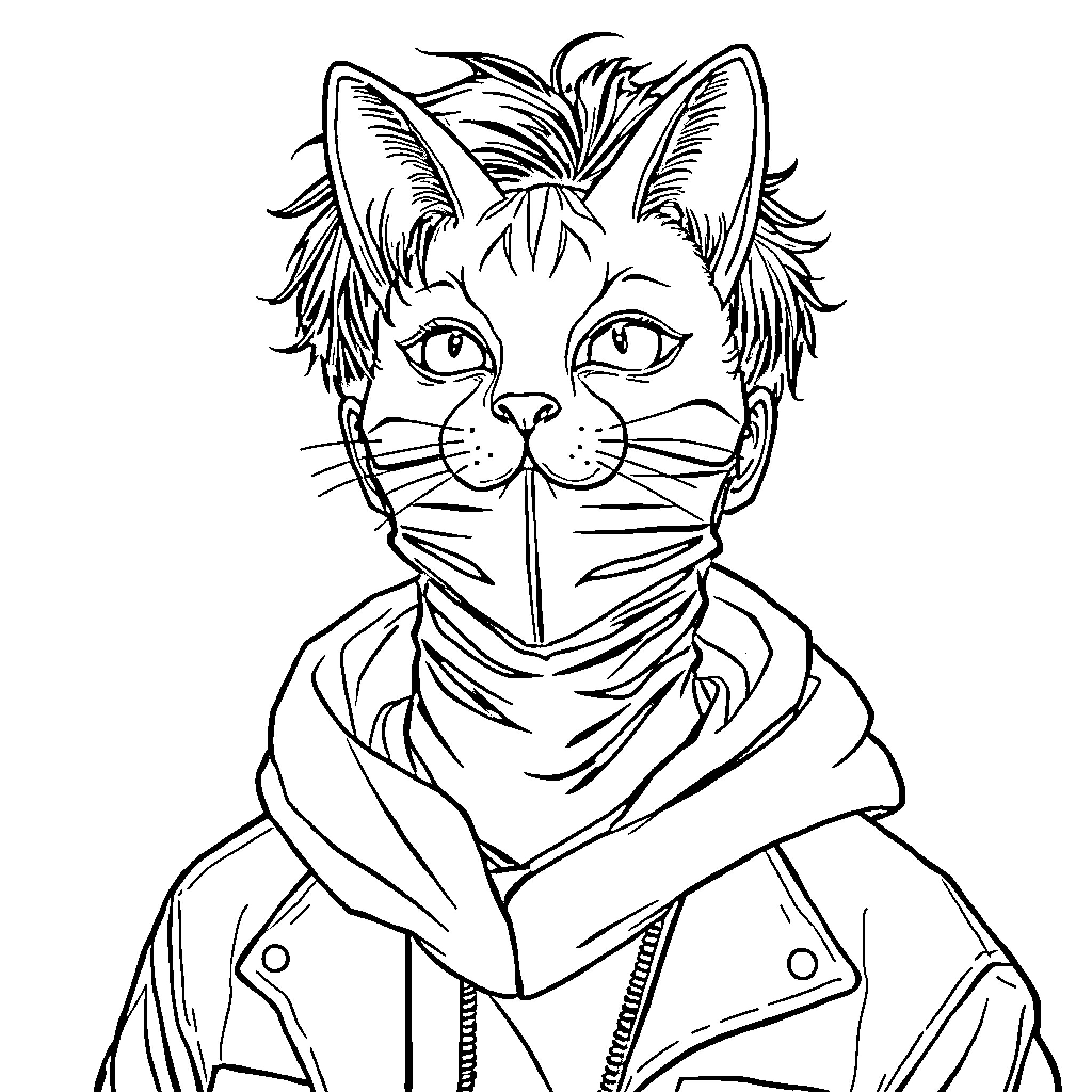 K Pop Cat in Trendy Outfit Coloring Page (free black-and-white line drawing printable PDF for all, from beginners to advanced learners, including children, teens, adults, and seniors)