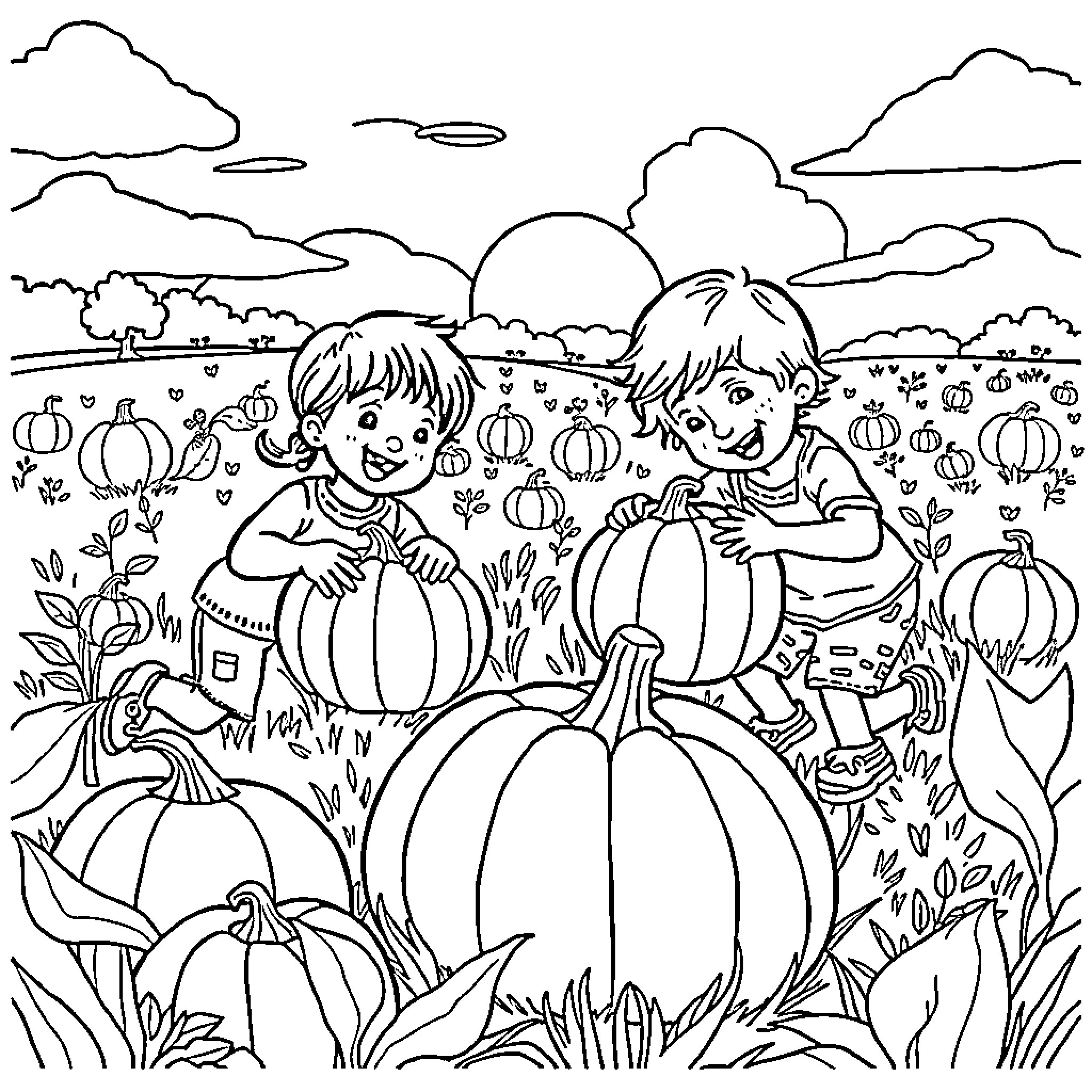 Kid Picking Pumpkins in Autumn Scenery Coloring Page (free black-and-white line drawing printable PDF for all, from beginners to advanced learners, including children, teens, adults, and seniors)