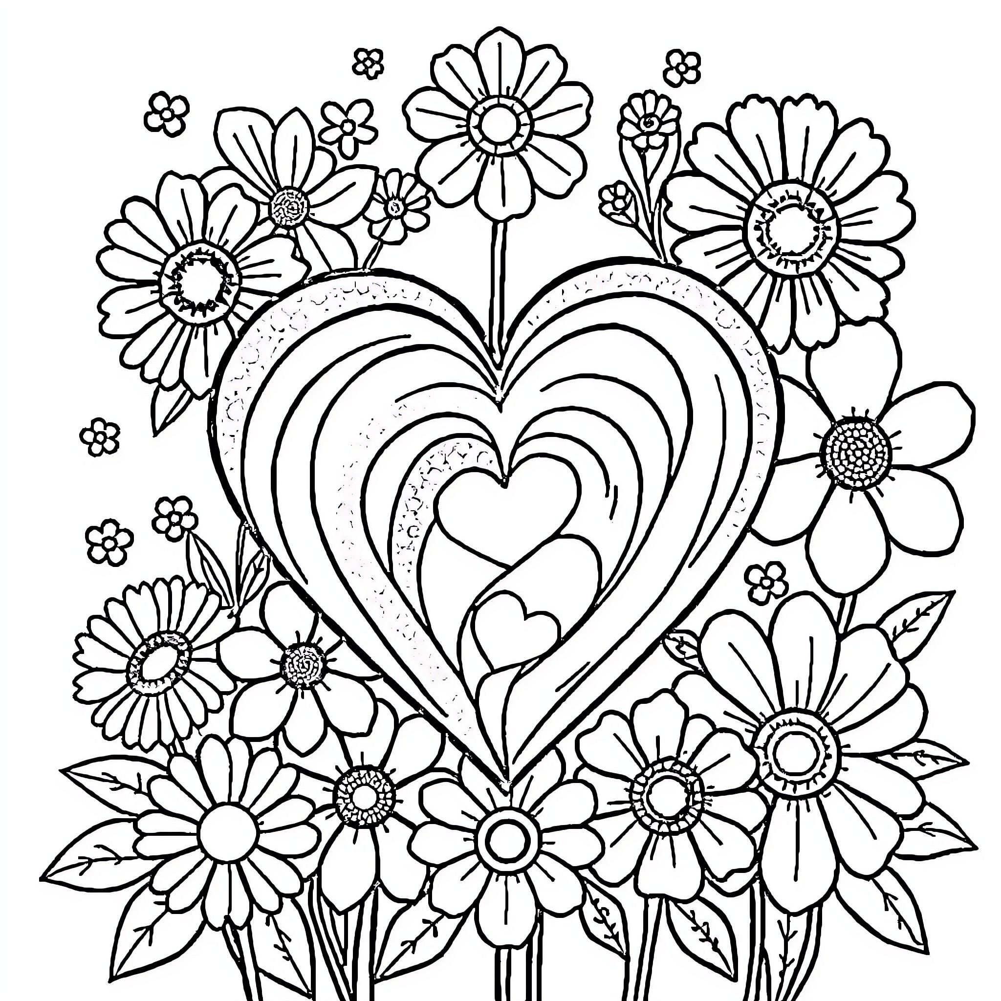 Heart Blooming with Flowers and Love Coloring Page (free black-and-white line drawing printable PDF for all, from beginners to advanced learners, including children, teens, adults, and seniors)