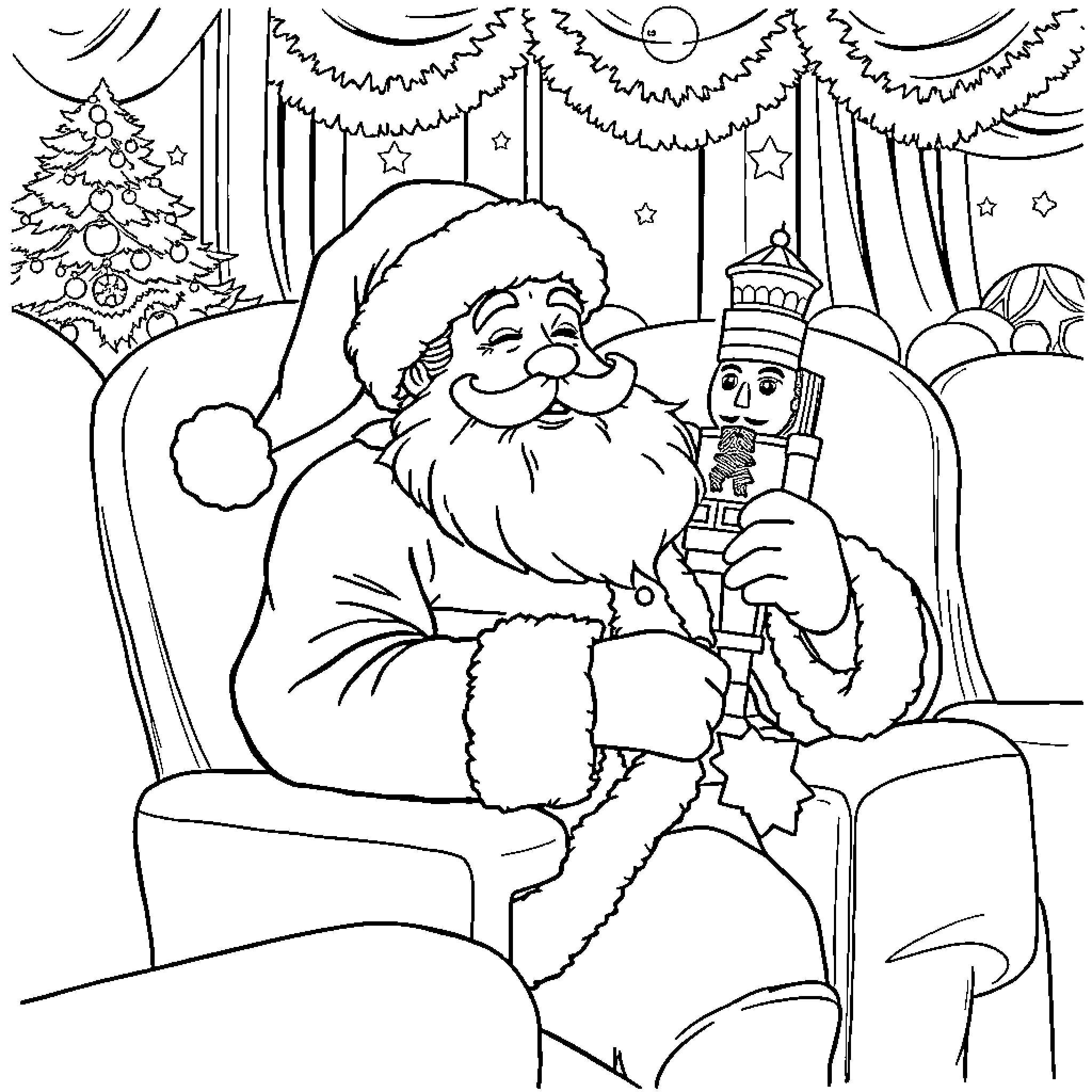 Santa Claus enjoying a cozy Christmas scene Coloring Page (free black-and-white line drawing printable PDF for all, from beginners to advanced learners, including children, teens, adults, and seniors)