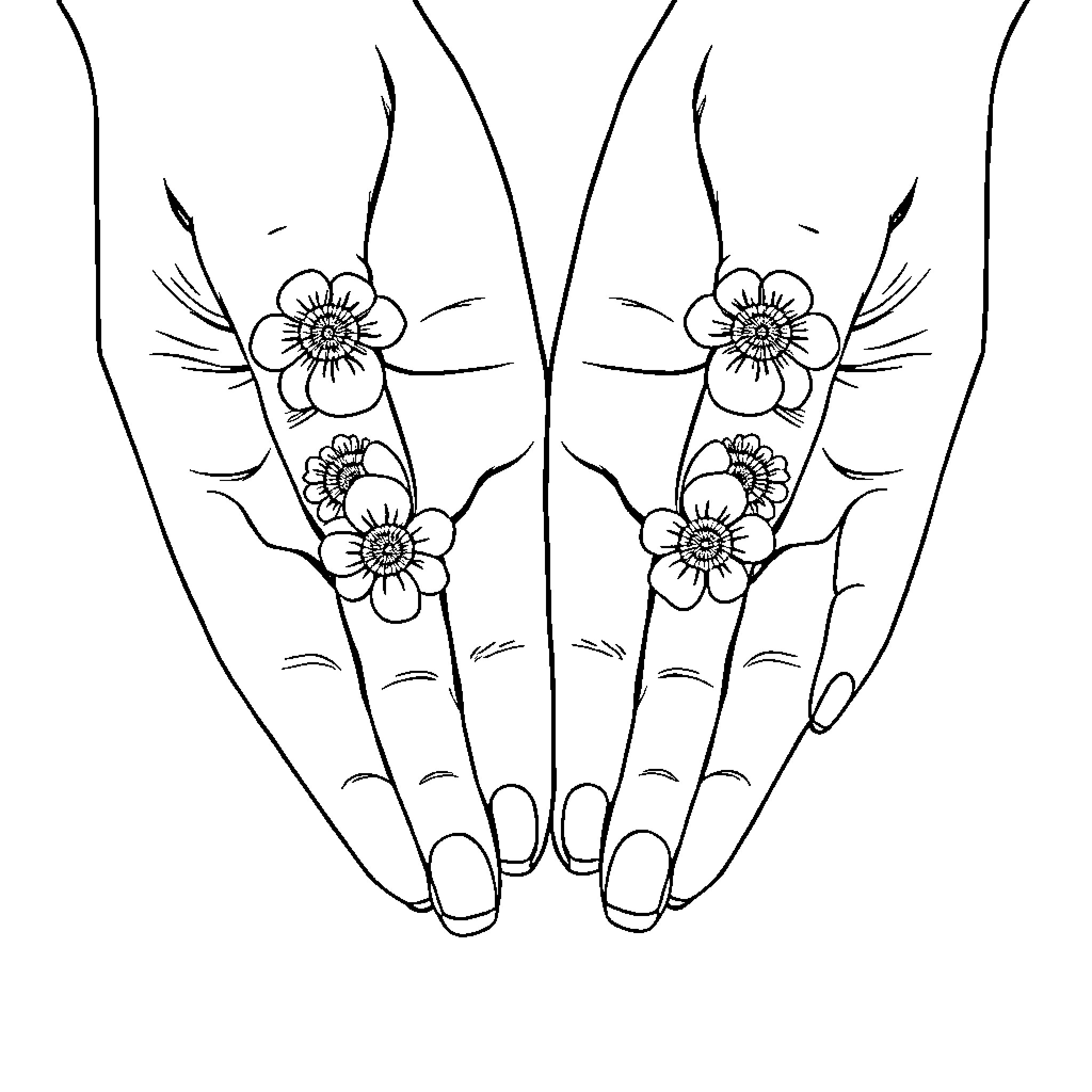 Hands adorned with intricate floral designs Coloring Page (free black-and-white line drawing printable PDF for all, from beginners to advanced learners, including children, teens, adults, and seniors)