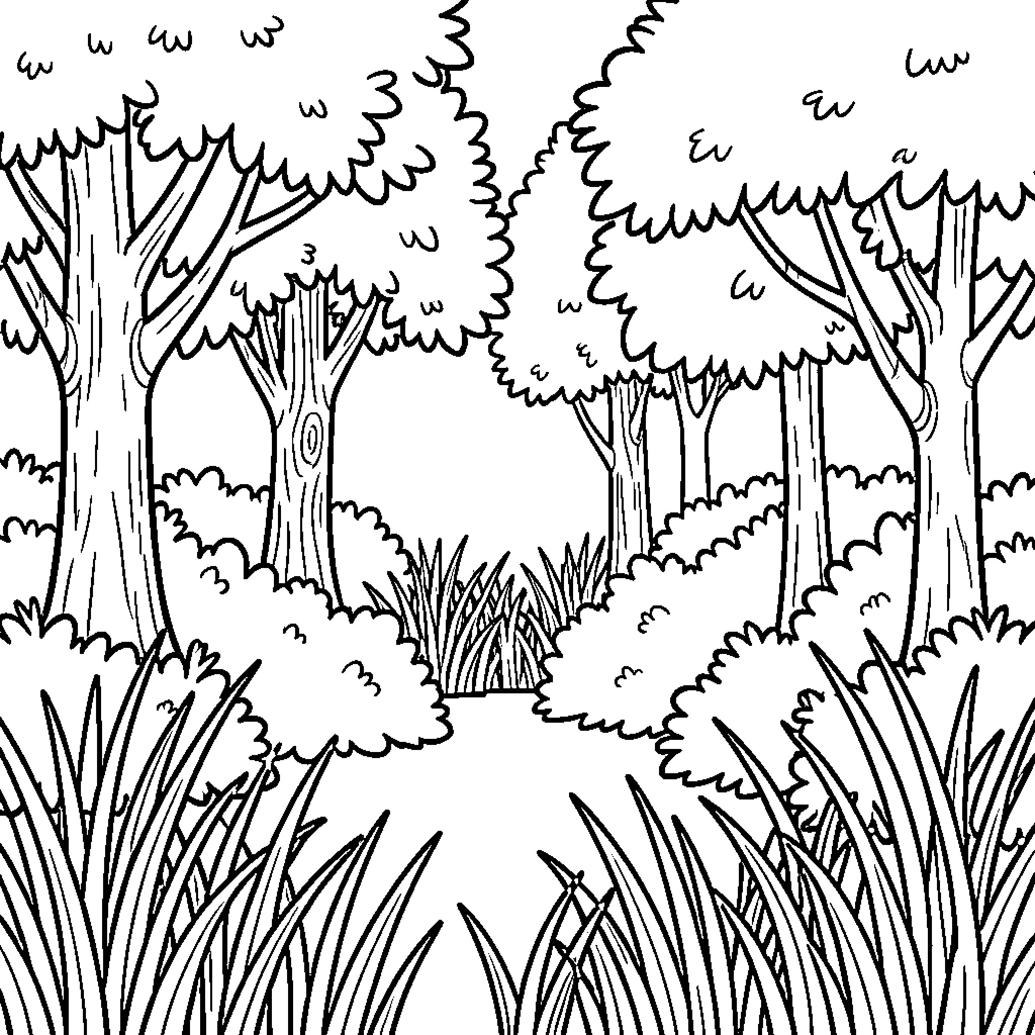 Jungle scene with dense vegetation and pathways Coloring Page (free black-and-white line drawing printable PDF for all, from beginners to advanced learners, including children, teens, adults, and seniors)