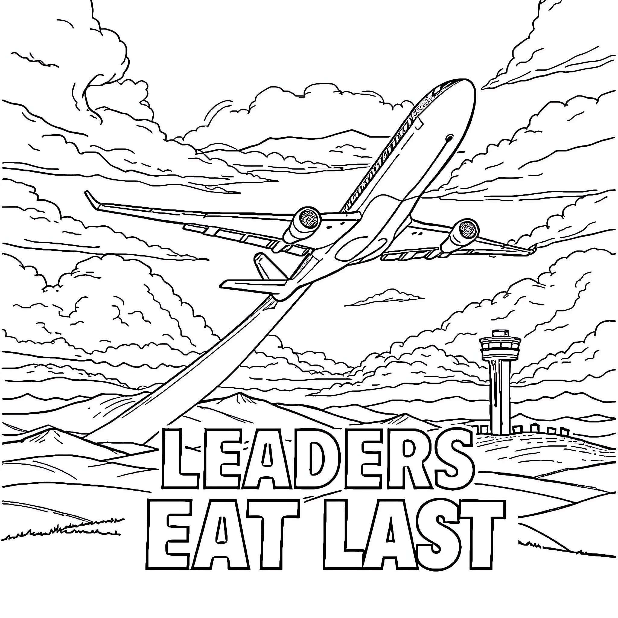 Plane soaring through dramatic clouds above airport Coloring Page (free black-and-white line drawing printable PDF for all, from beginners to advanced learners, including children, teens, adults, and seniors)