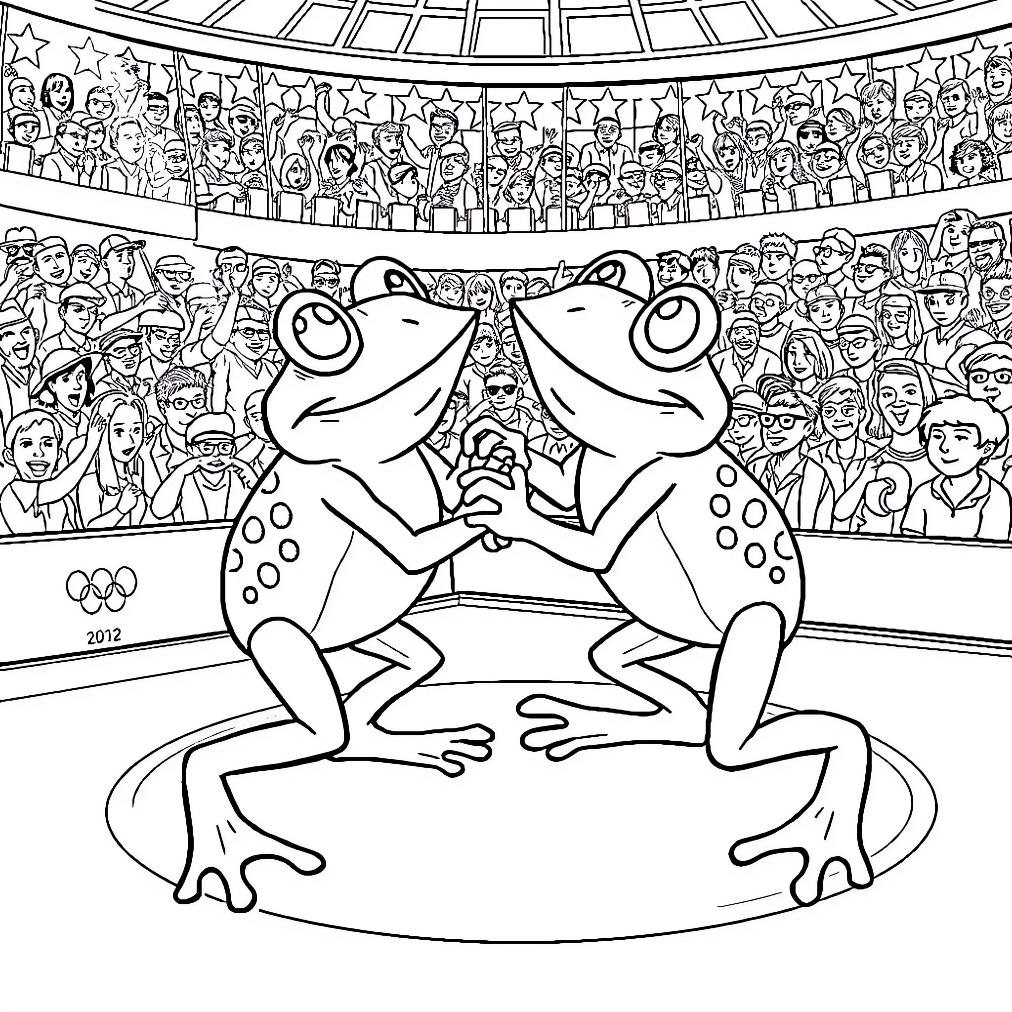 Frog performers entertaining a crowd Coloring Page (free black-and-white line drawing printable PDF for all, from beginners to advanced learners, including children, teens, adults, and seniors)