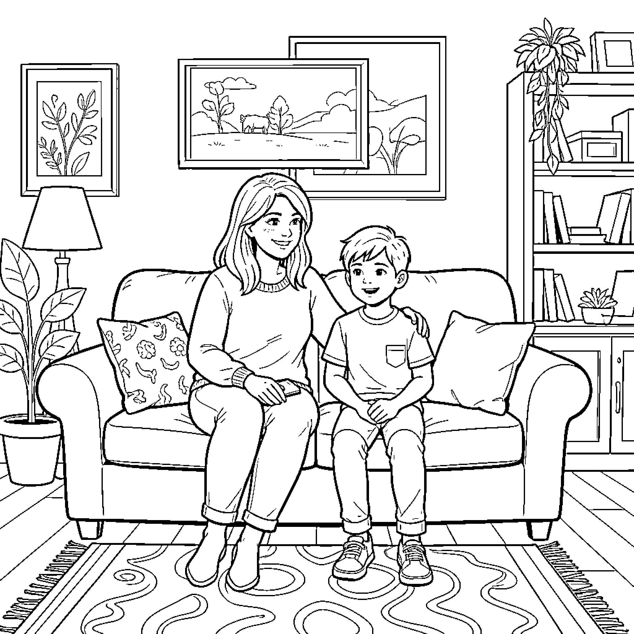 Mom sitting on a sofa with her young son Coloring Page (free black-and-white line drawing printable PDF for all, from beginners to advanced learners, including children, teens, adults, and seniors)