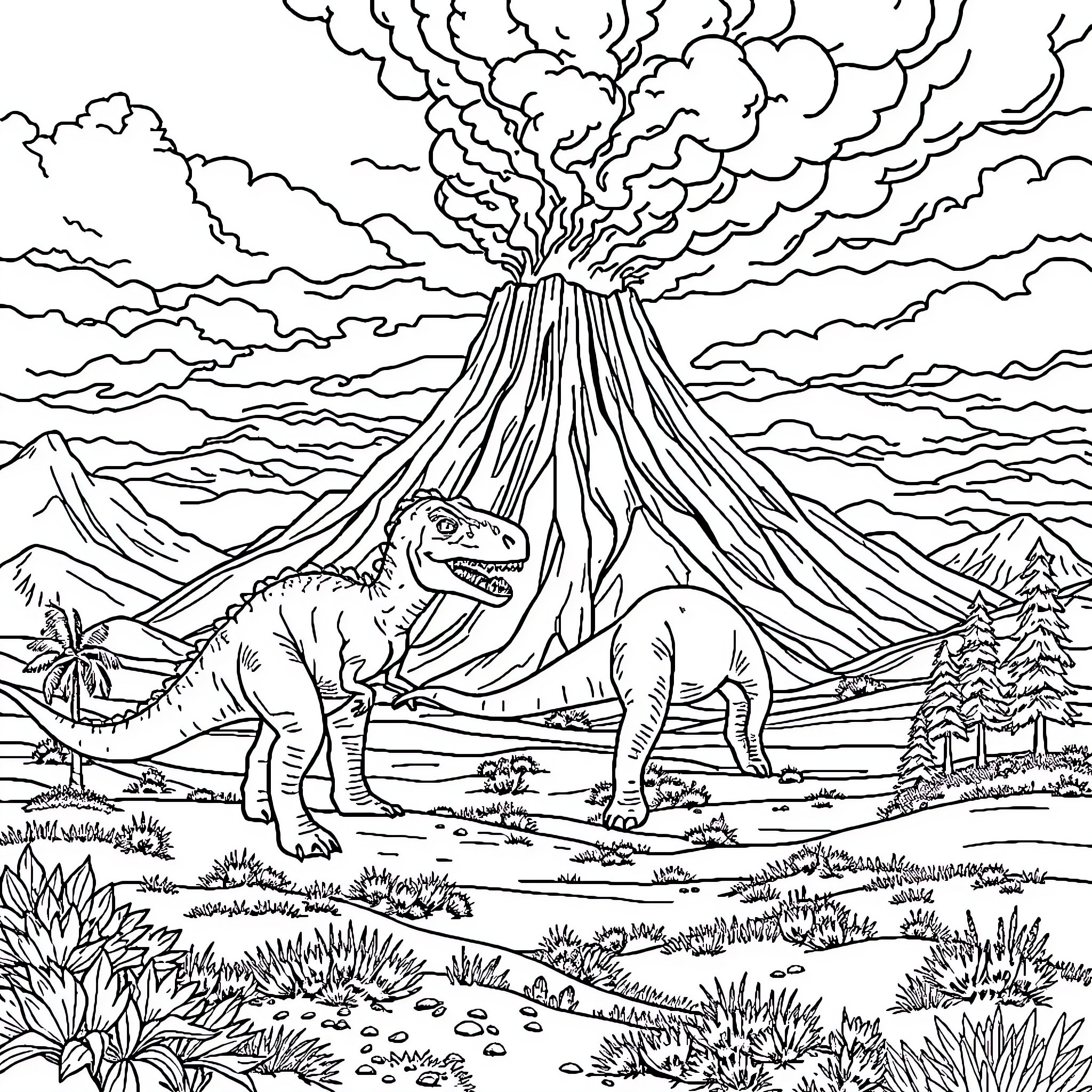 Dinosaurs in a prehistoric landscape Coloring Page (free black-and-white line drawing printable PDF for all, from beginners to advanced learners, including children, teens, adults, and seniors)