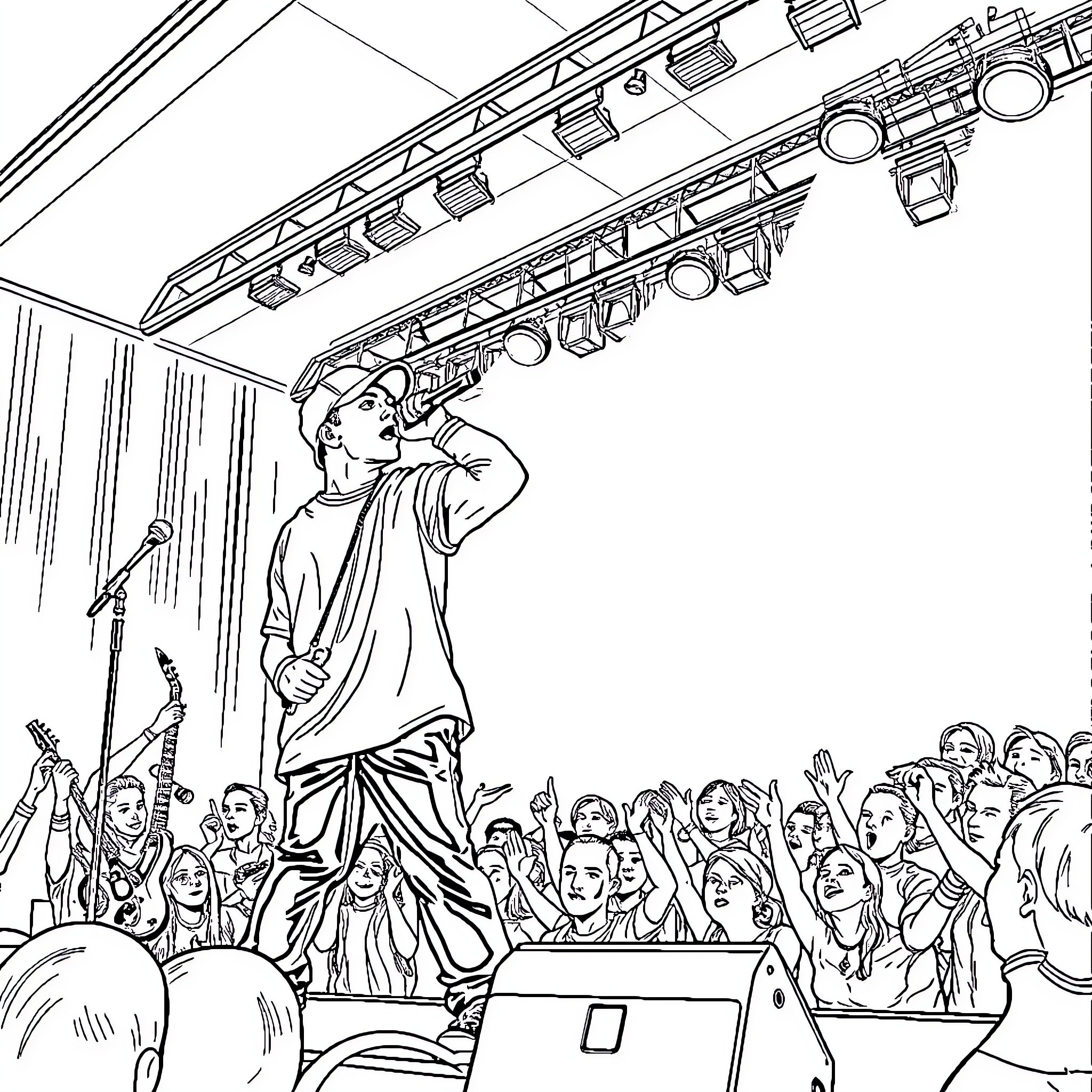 Eminem performing on stage for enthusiastic crowd Coloring Page (free black-and-white line drawing printable PDF for all, from beginners to advanced learners, including children, teens, adults, and seniors)