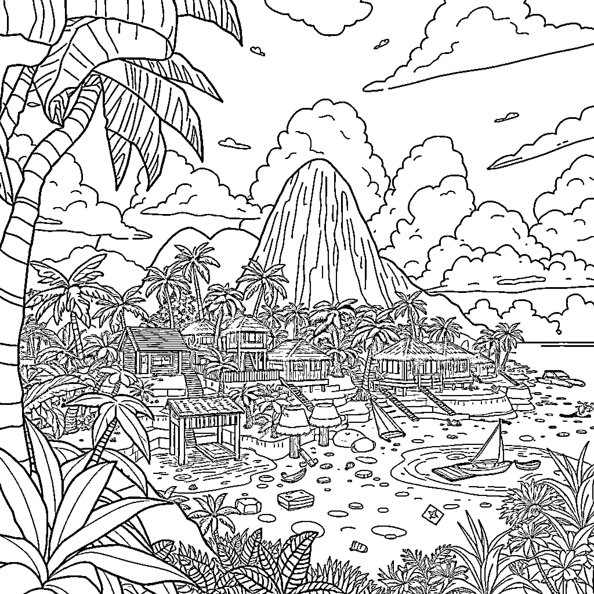 Minecraft Tropical Island Adventure Coloring Page (free black-and-white line drawing printable PDF for all, from beginners to advanced learners, including children, teens, adults, and seniors)