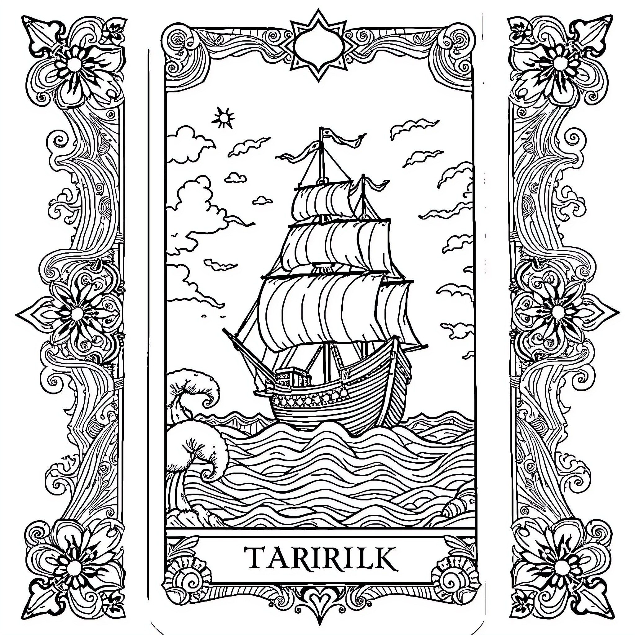 Tarot Card of a Sailing Ship at Sea Coloring Page (free black-and-white line drawing printable PDF for all, from beginners to advanced learners, including children, teens, adults, and seniors)