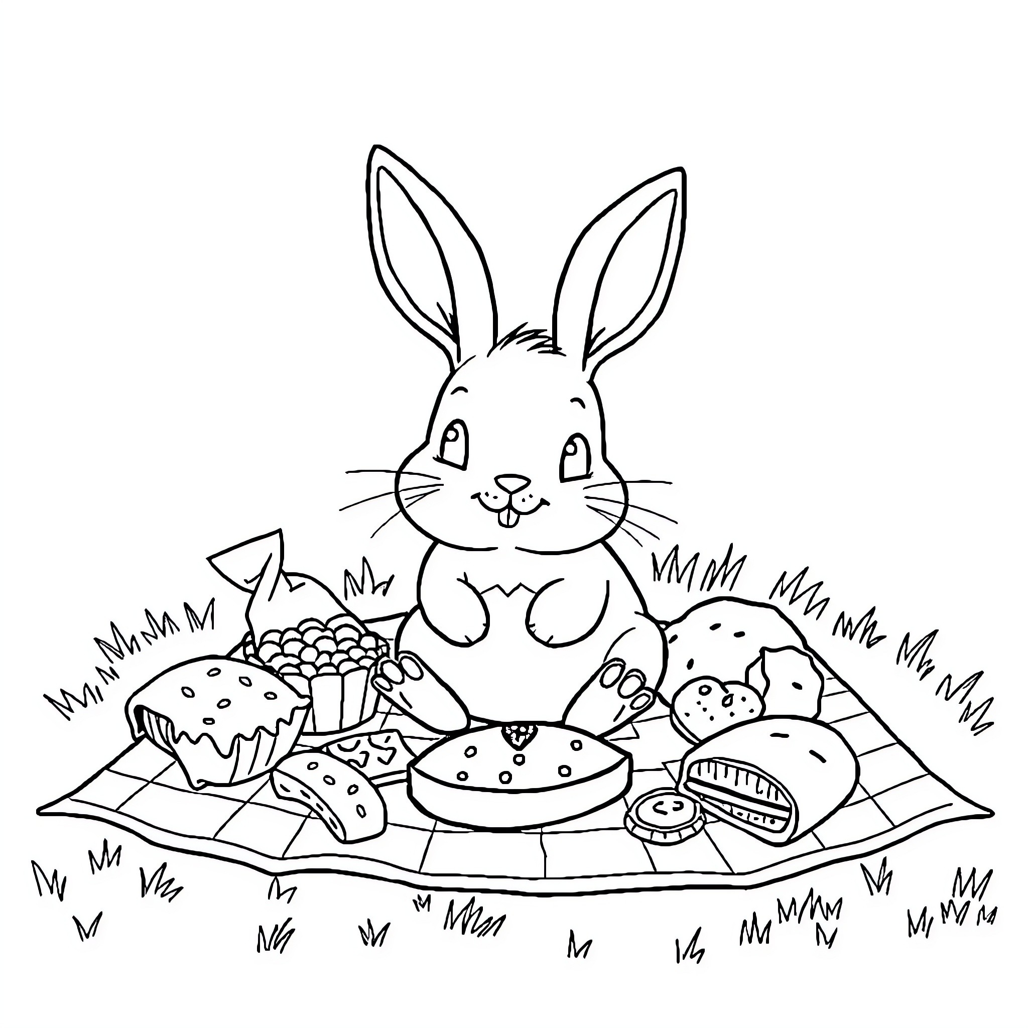Bunny enjoying a picnic in the meadow Coloring Page (free black-and-white line drawing printable PDF for all, from beginners to advanced learners, including children, teens, adults, and seniors)